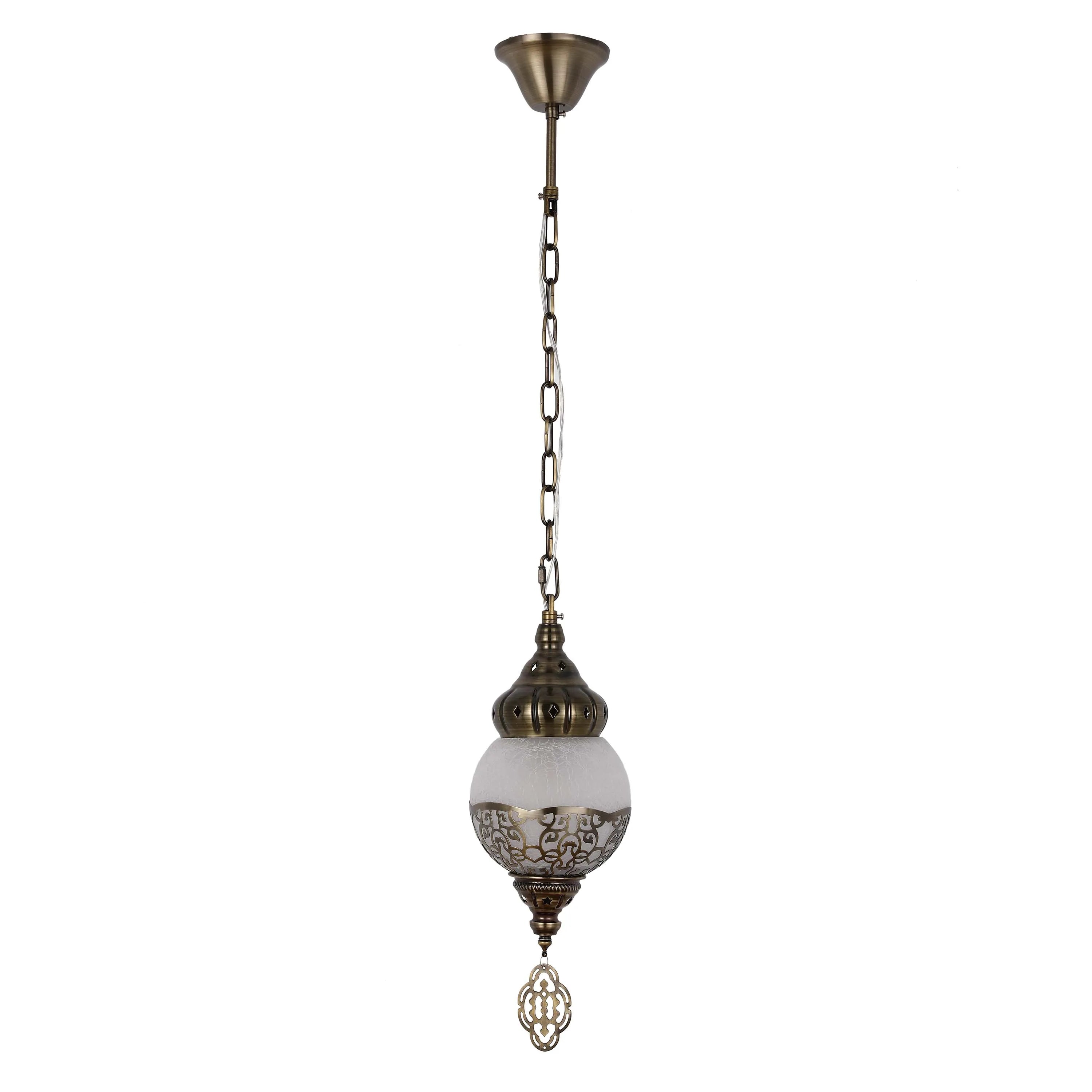 An ornate, hanging pendant light with decorative glass globe and metal accents, suspended by a chain fixture.
