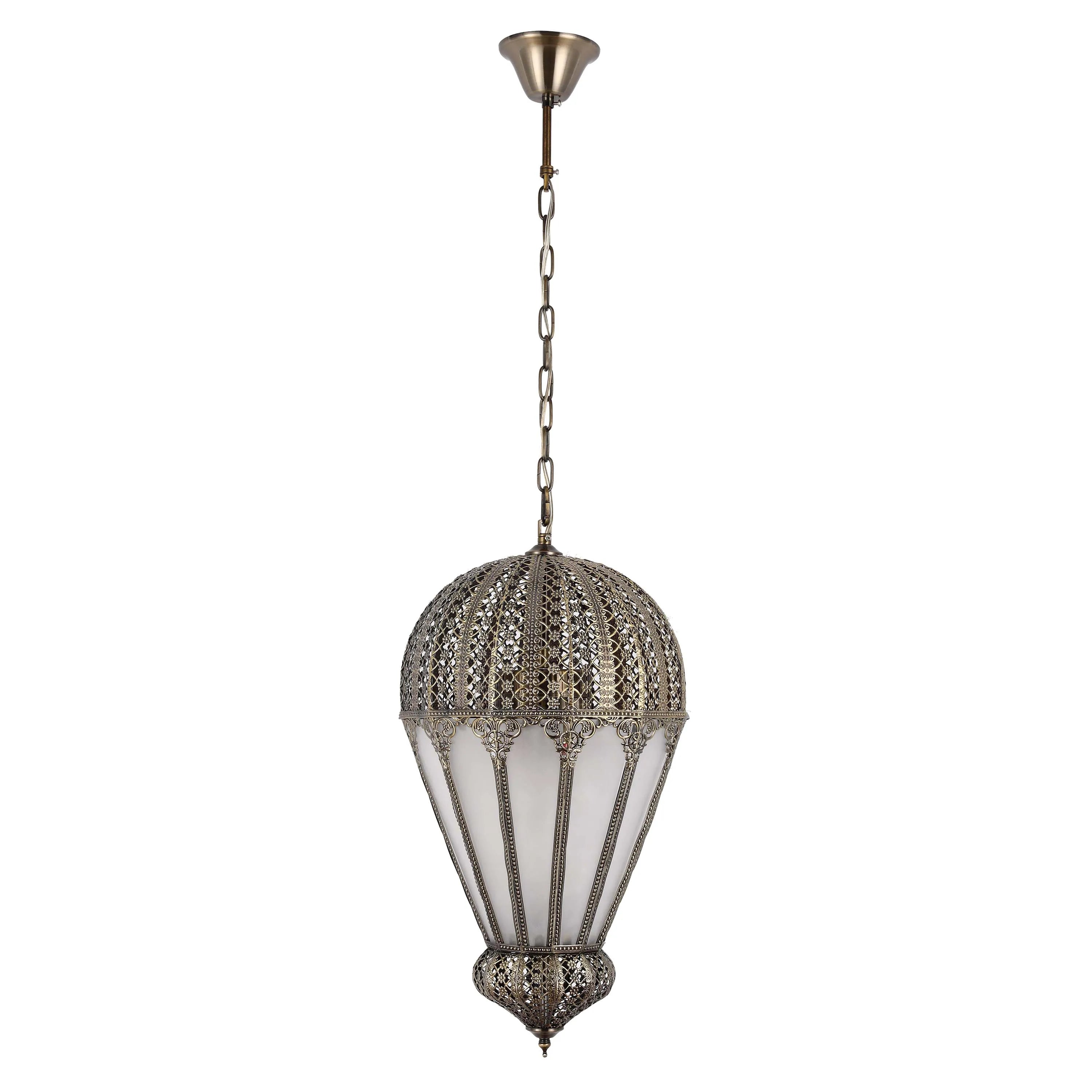 Ornate dome-shaped pendant light with a filigree metalwork finish, suspended by a chain.