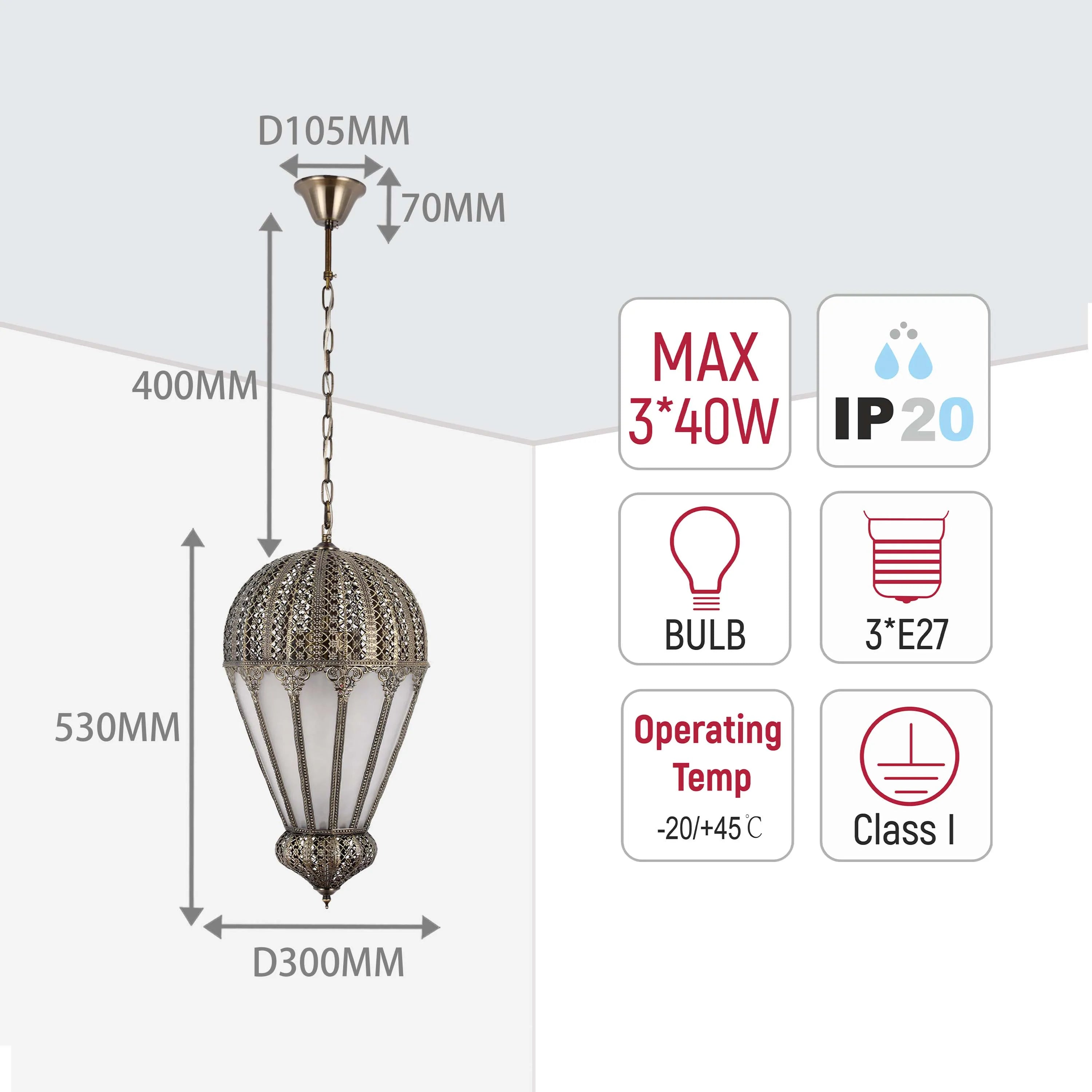 An ornate pendant light. Dimensions: 530mm drop, 300mm width, 105mm ceiling rose diameter, 70mm ceiling rose height, IP20 rated.
