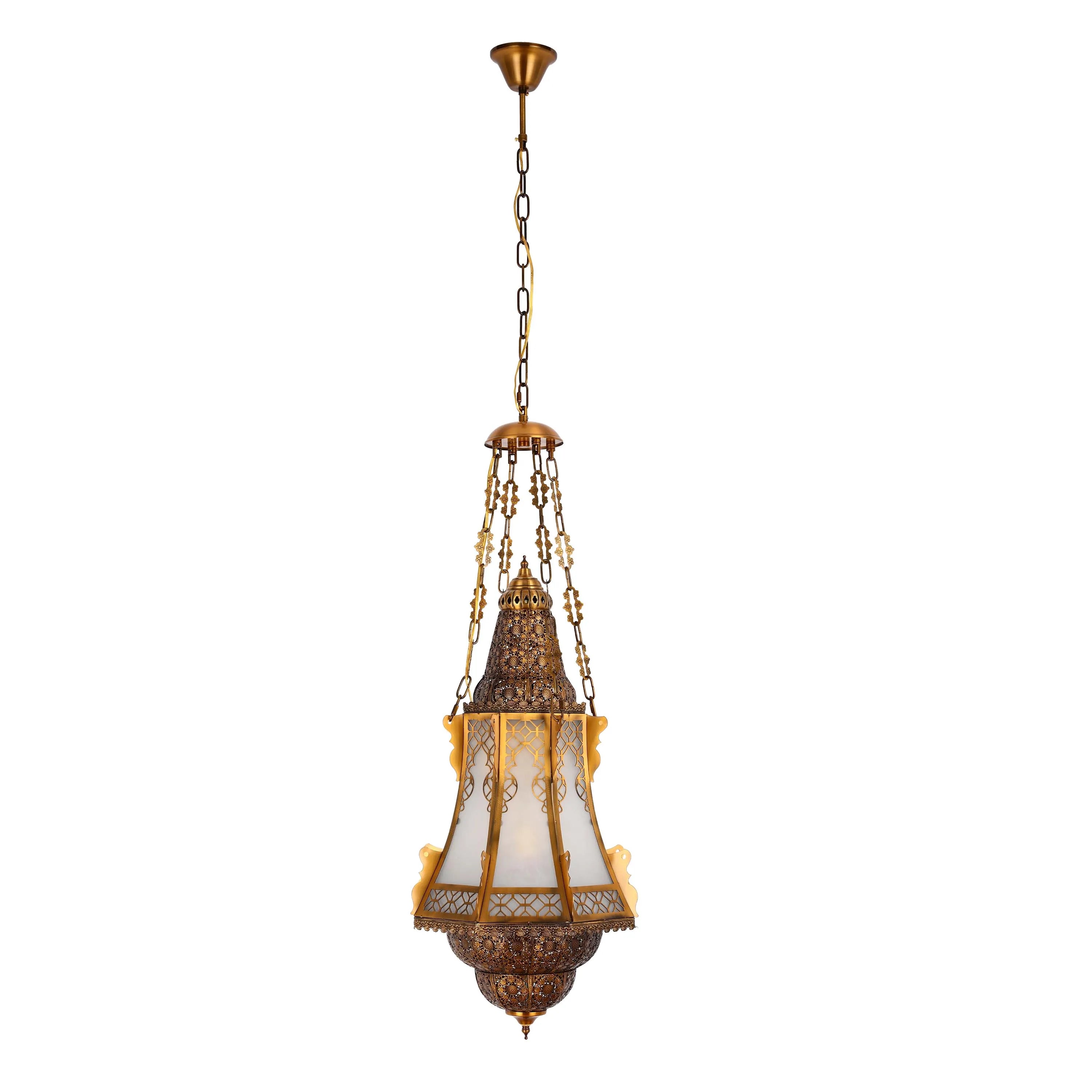 An ornate brass pendant light fitting with frosted glass panels hangs from a chain, creating an opulent, vintage-inspired effect.