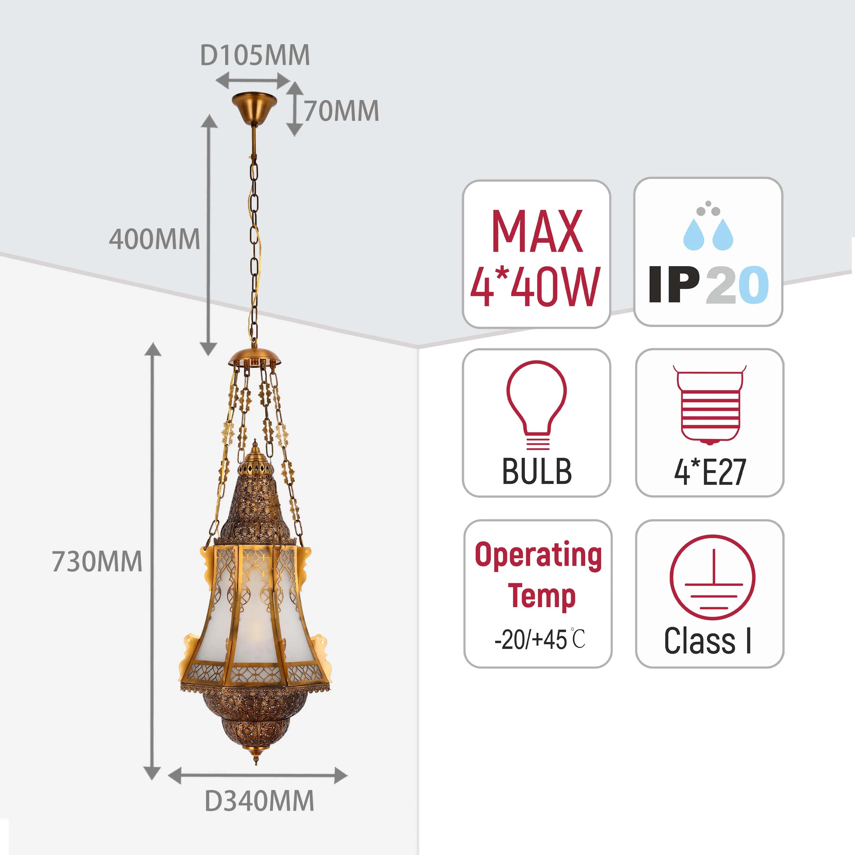 Ornate hanging light fitting with chain. Shows dimensions, power rating and other specifications in diagram form.