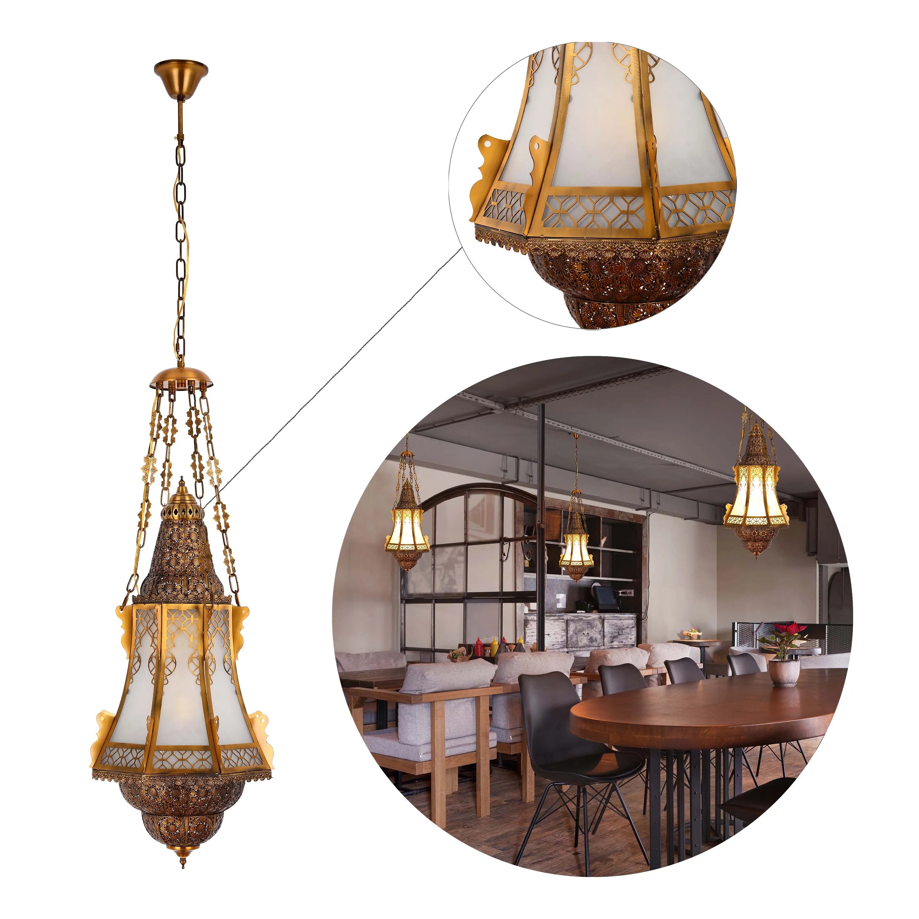 Ornate, vintage-style, pendant lighting with patterned metalwork and frosted glass shades. Adds an elegant ambiance to any dining space.