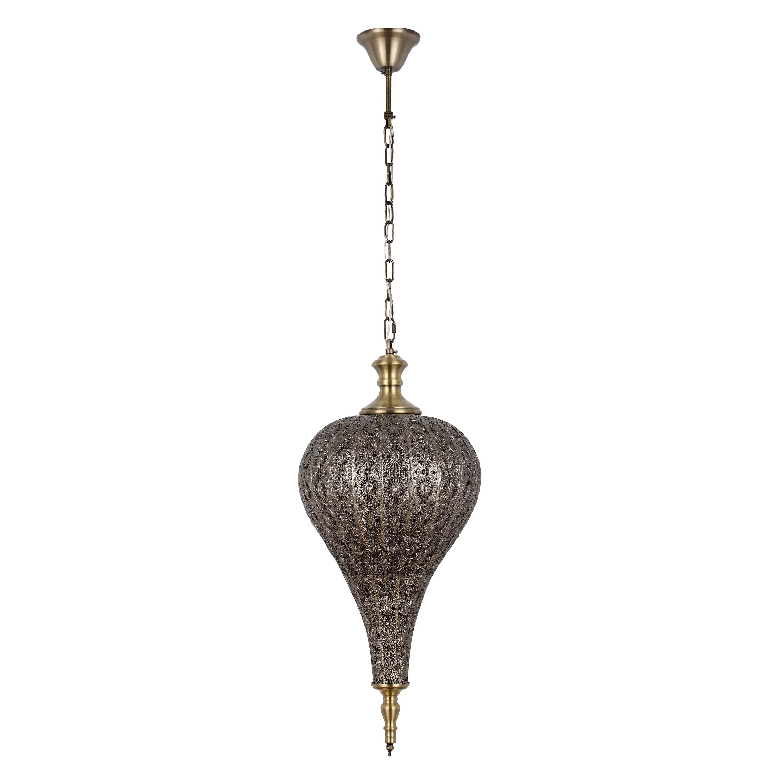 Intricate metal pendant light with a chain, blending traditional design with modern elegance for a statement lighting fixture.