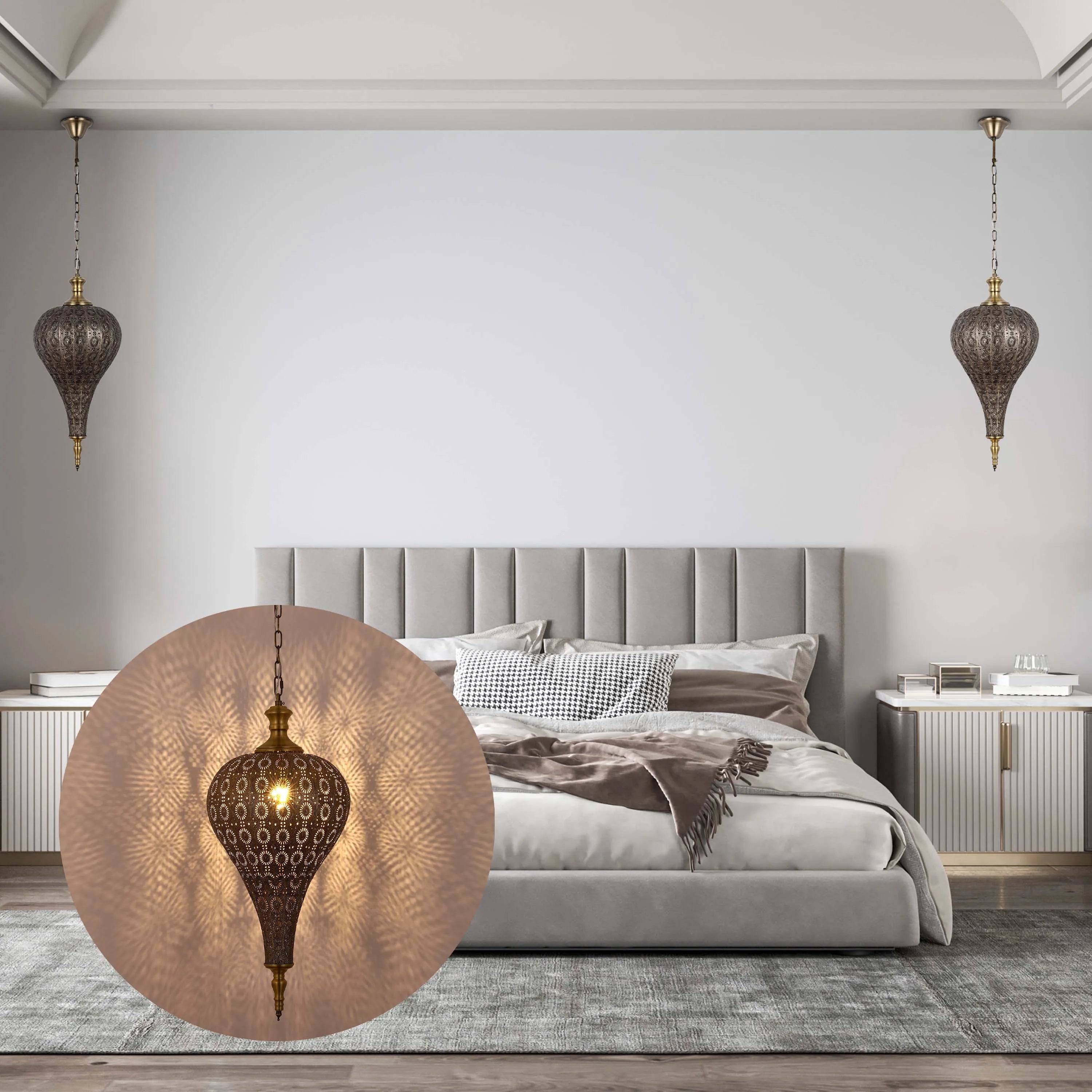 Two decorative metal pendant lights frame this tranquil bedroom scene, casting a soft, patterned glow.