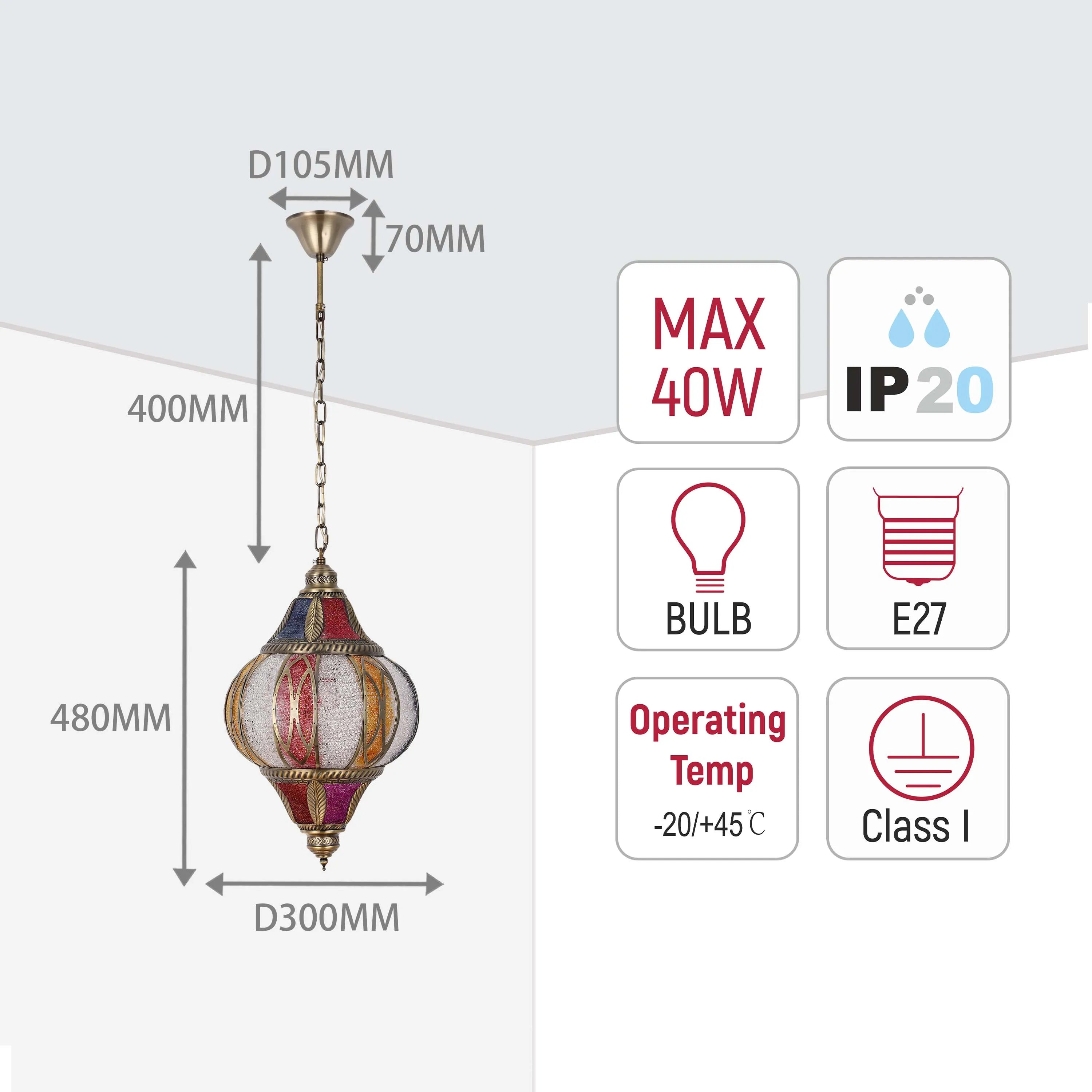 Intricate patterned hanging light fitting dimensions, with 40W max bulb, E27 fitting, and IP20 rating.