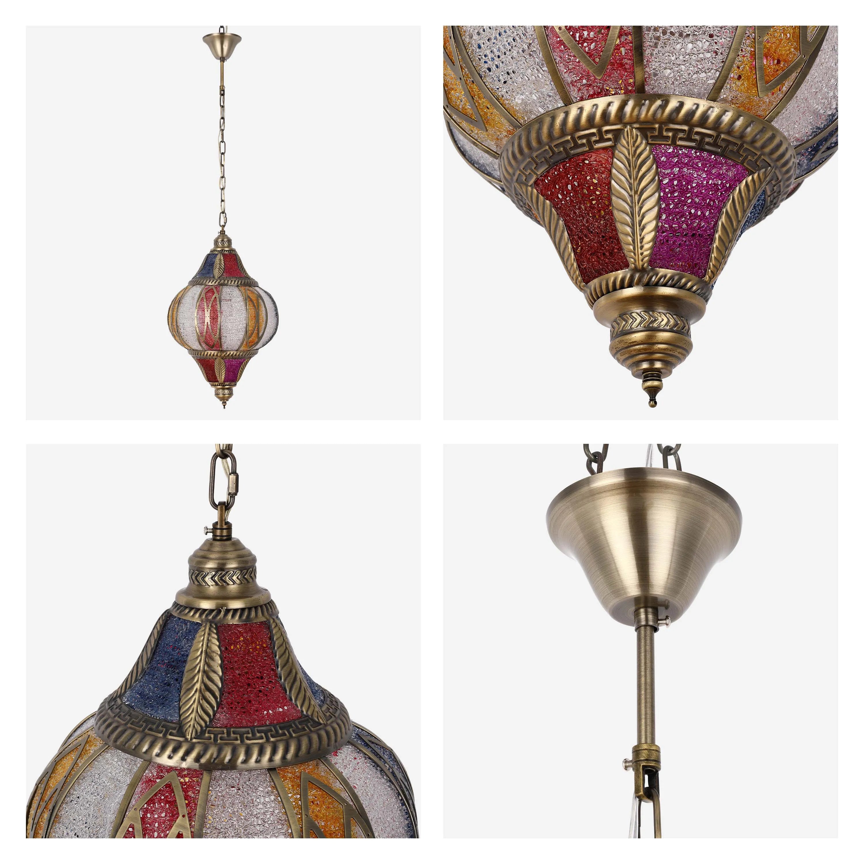 A decorative, multi-coloured, glass mosaic pendant light. The warm bronze finish adds to its vintage appeal.