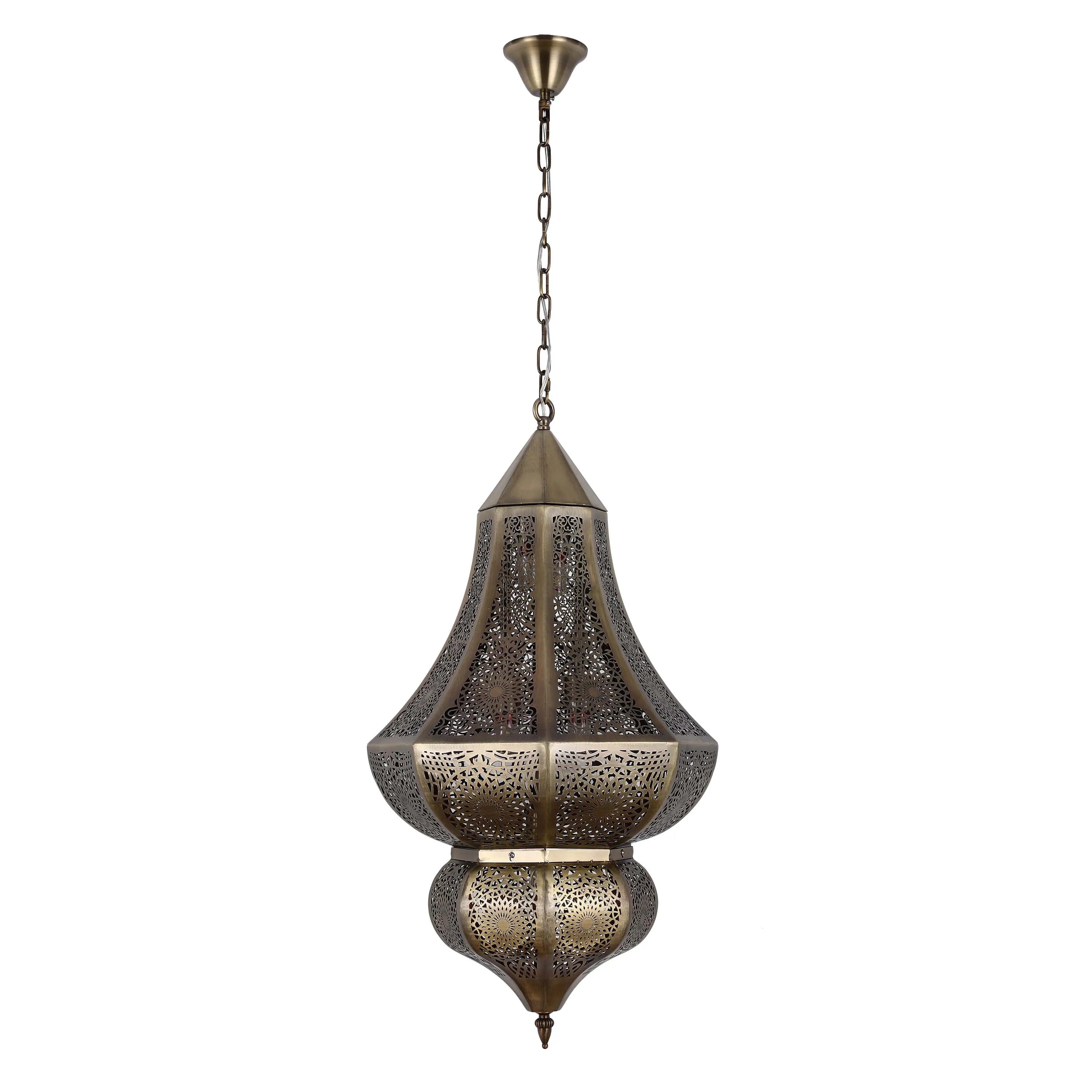 An ornate Moroccan-style pendant light fixture with a chain, finished in brass and casting intricate shadows.