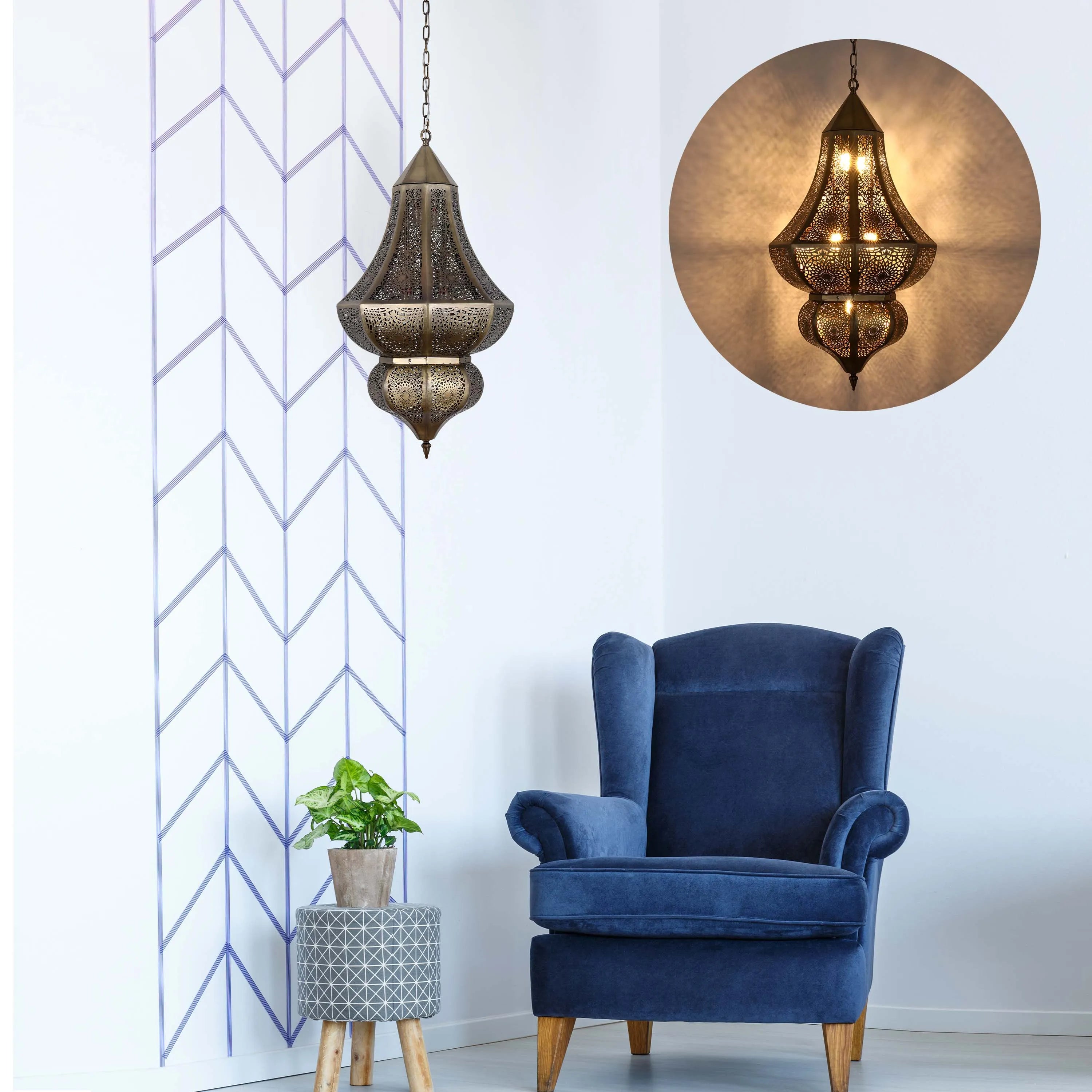 Ornate metal pendant light casts intricate shadows. A second, glowing example of the same light is displayed in a circle.