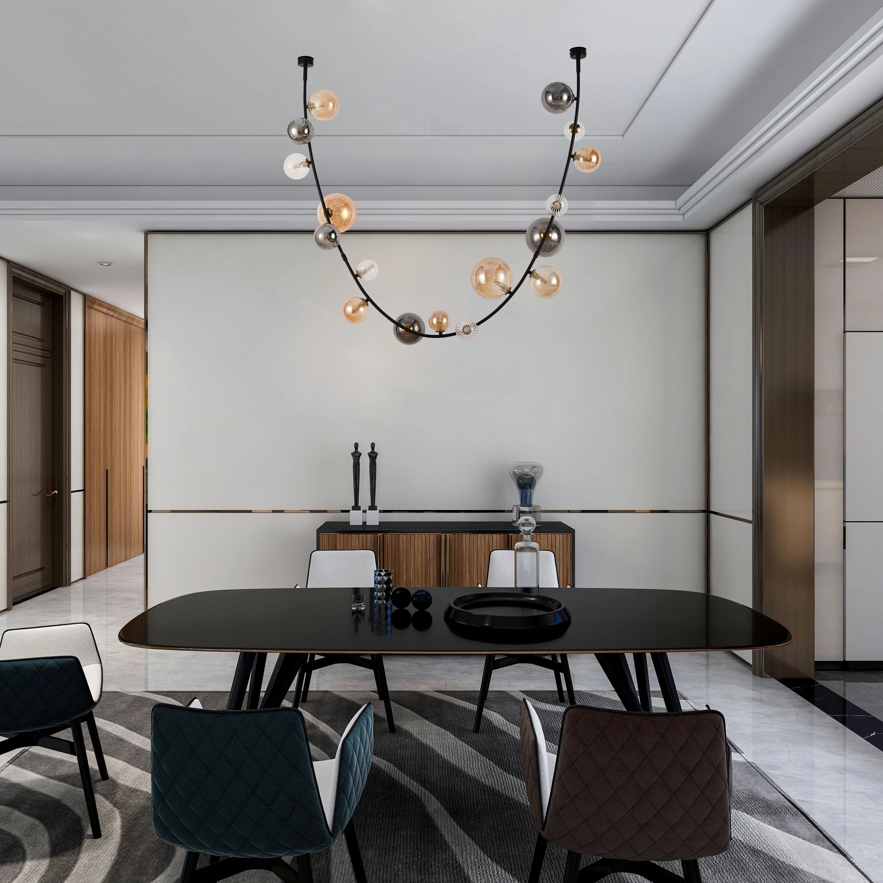 Statement chandelier with a curved black frame and contrasting glass spheres, adding a modern, eye-catching feature to the dining room.