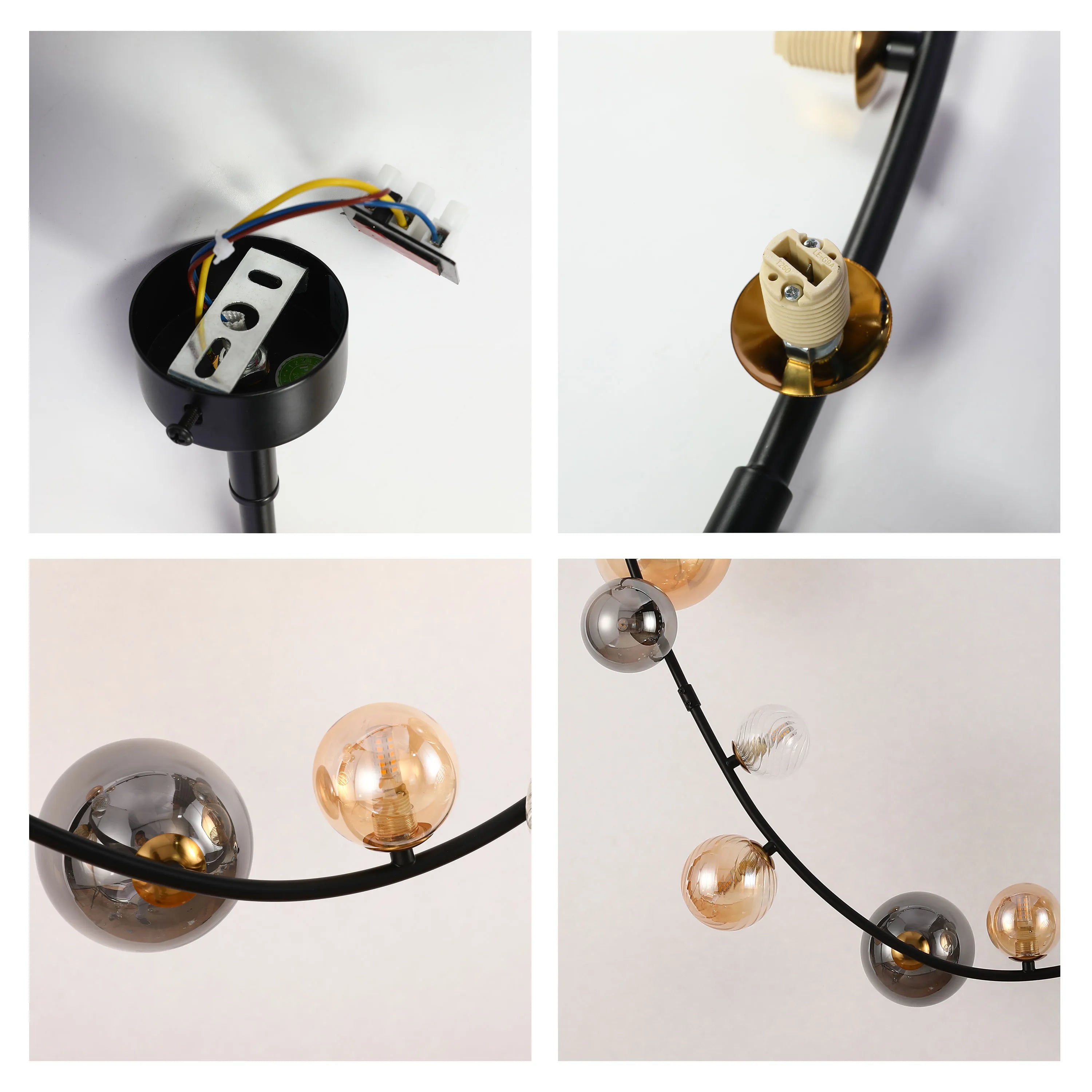 A modern sputnik light fixture with smoked glass and golden glass baubles on a black frame.