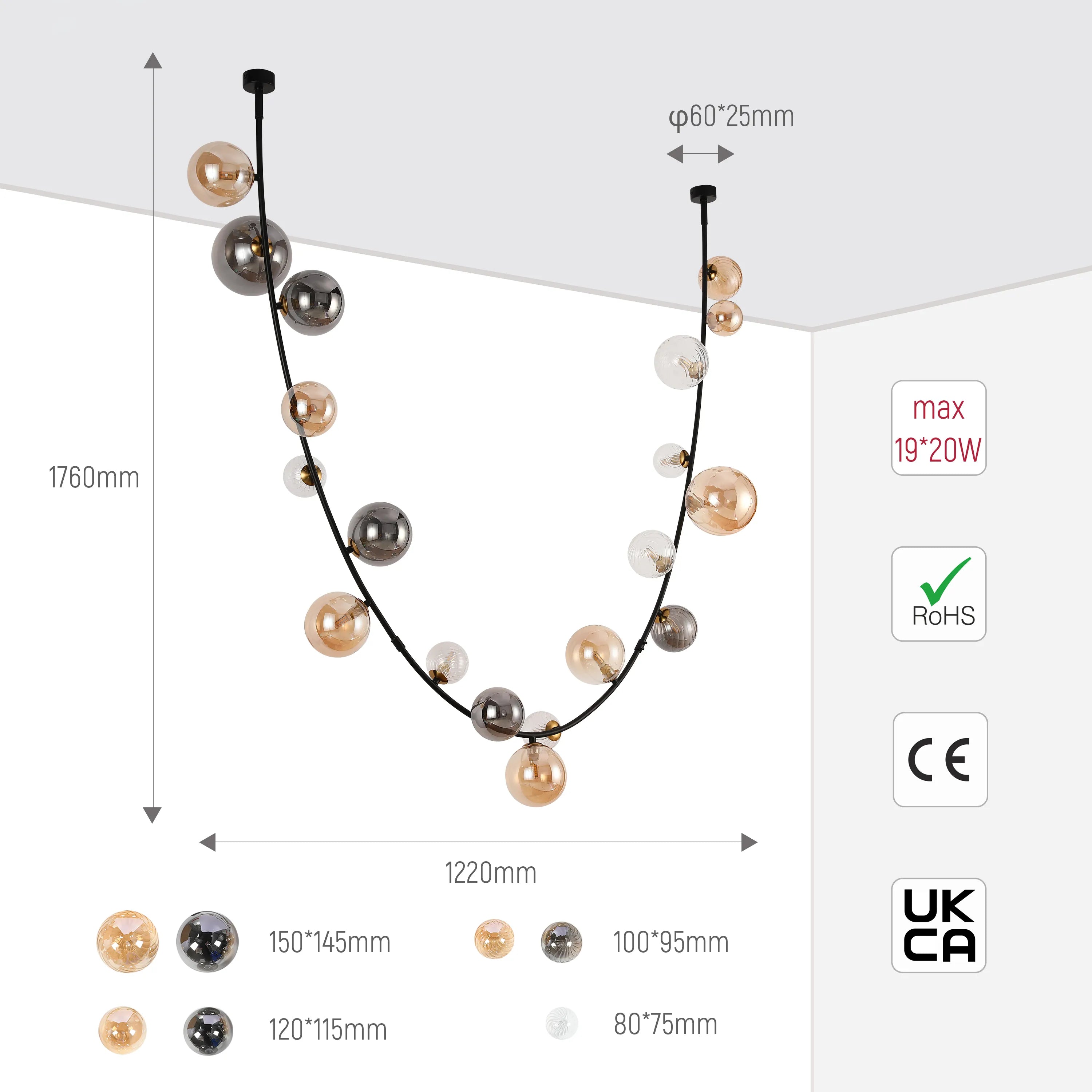 A modern ceiling light featuring glass baubles in copper and grey. A stylish statement piece.