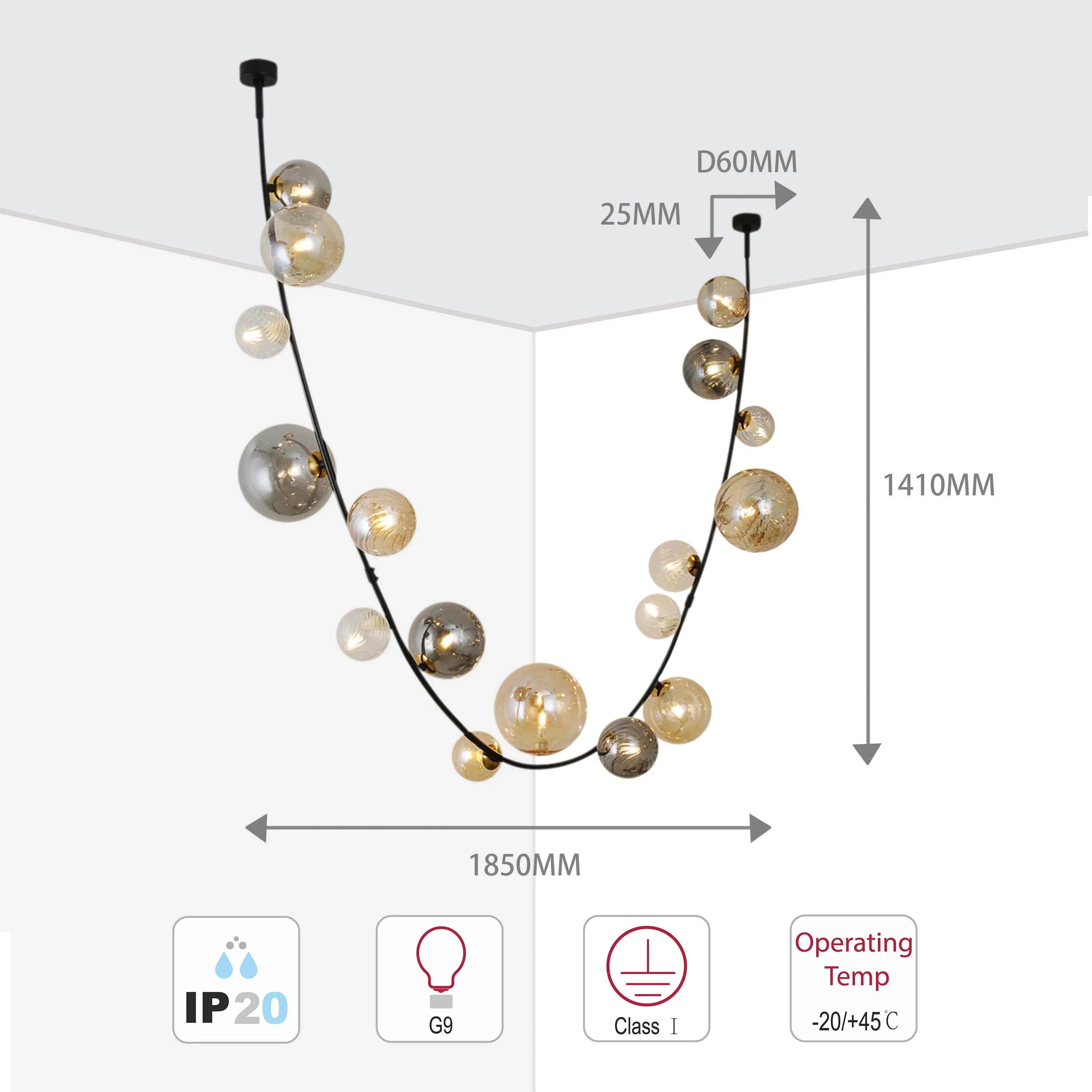 A glamorous ceiling light with smoked glass baubles suspended on a black cable. Dimensions for height and width shown.