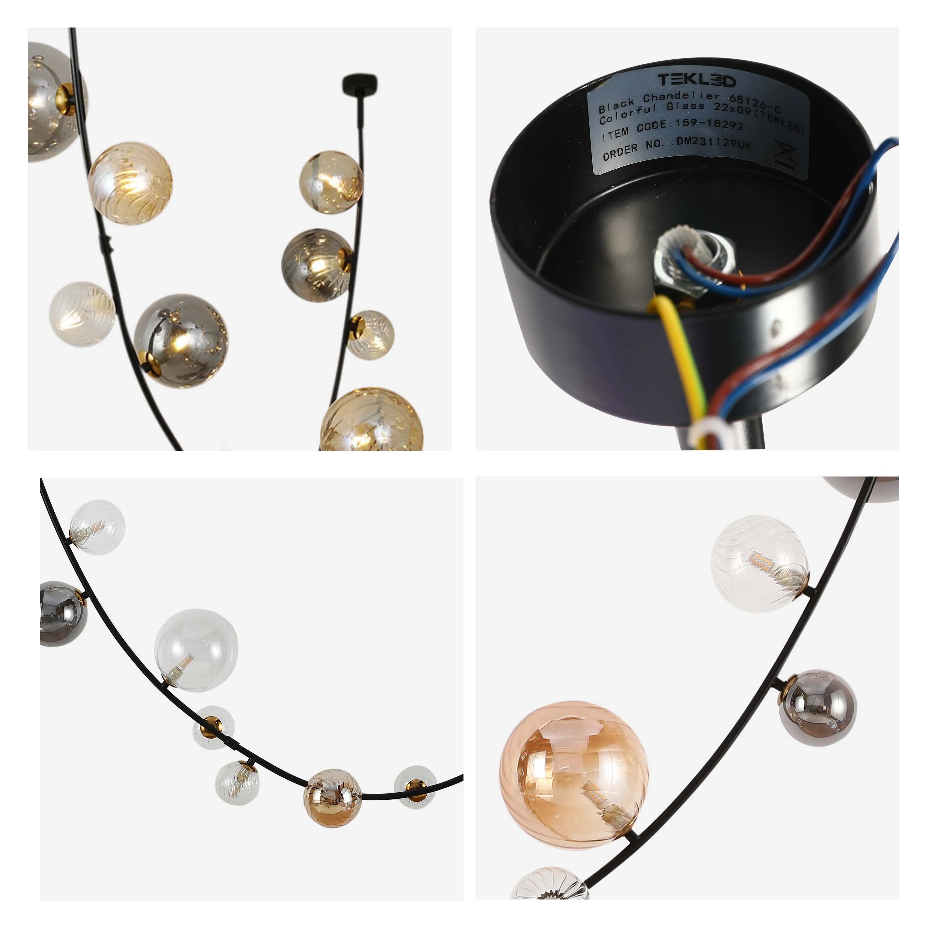 A modern black chandelier with multiple colourful glass orbs of light. A stunning statement piece for any modern interior.