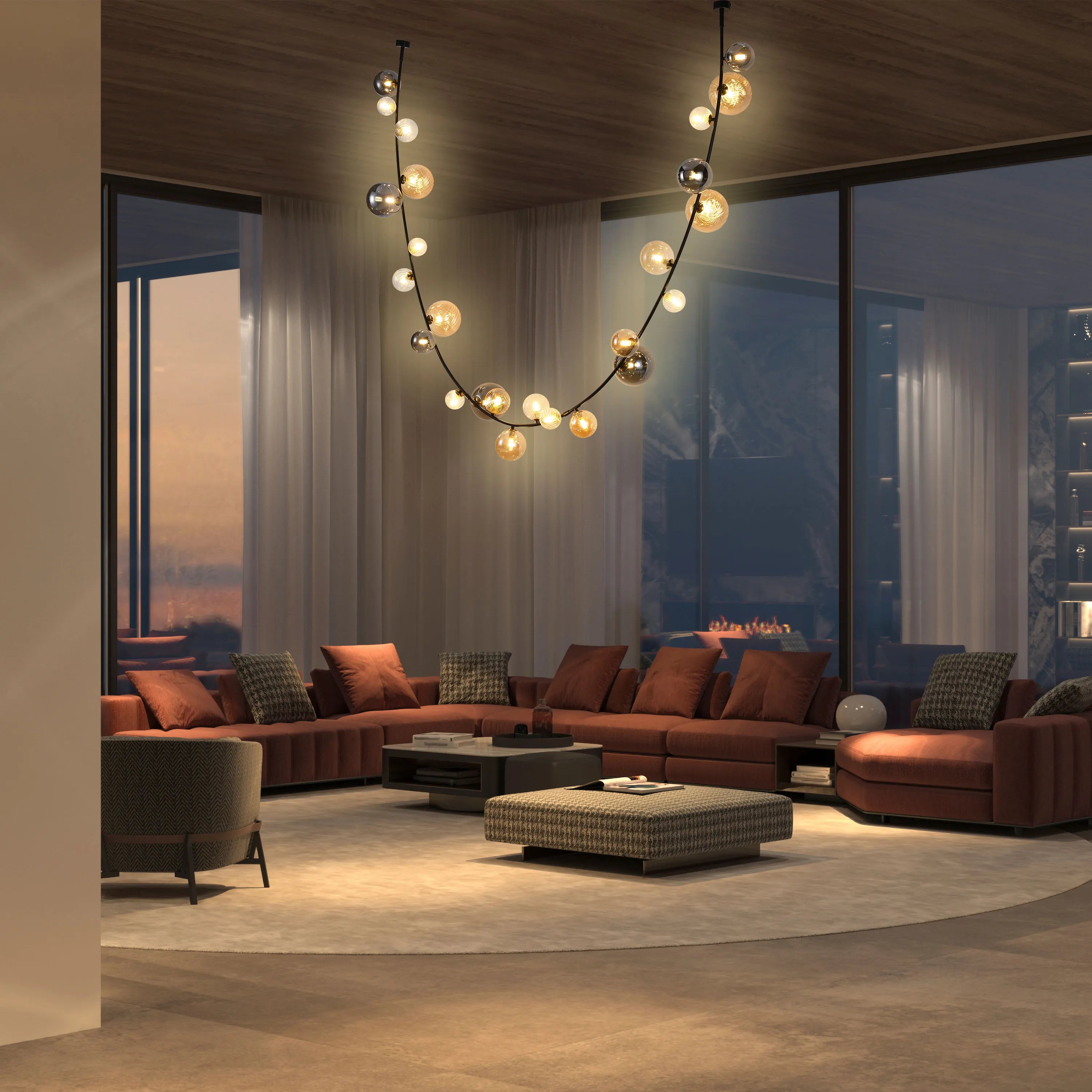 Stylish statement lighting takes centre stage in this contemporary living room featuring statement bubble chandelier.