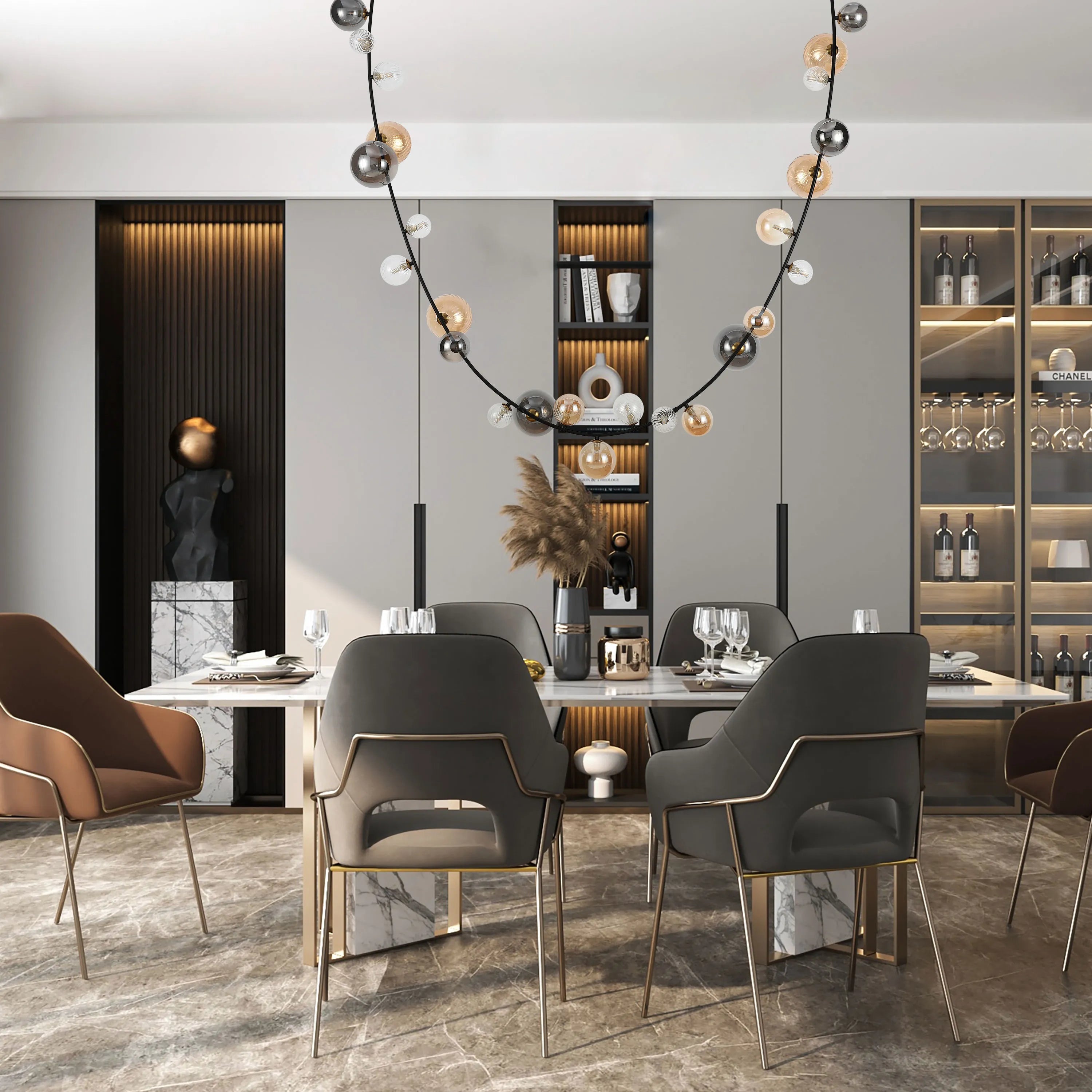 Modern dining room lighting: a circular glass-globe chandelier, and soft, built-in cabinet illumination.