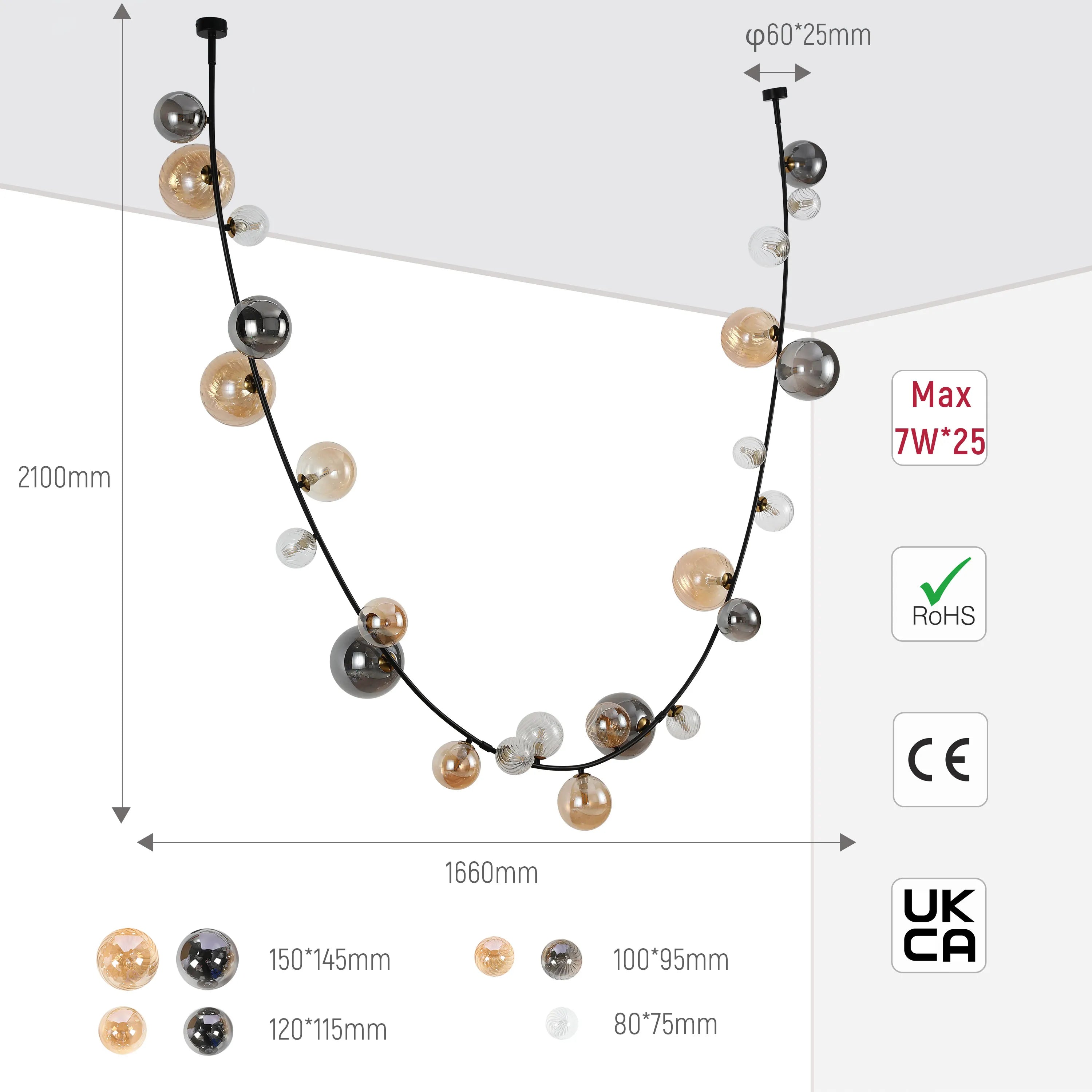 Modern chandelier with black cable & multi-coloured glass baubles in varying sizes. Dimensions and certification labels are displayed.