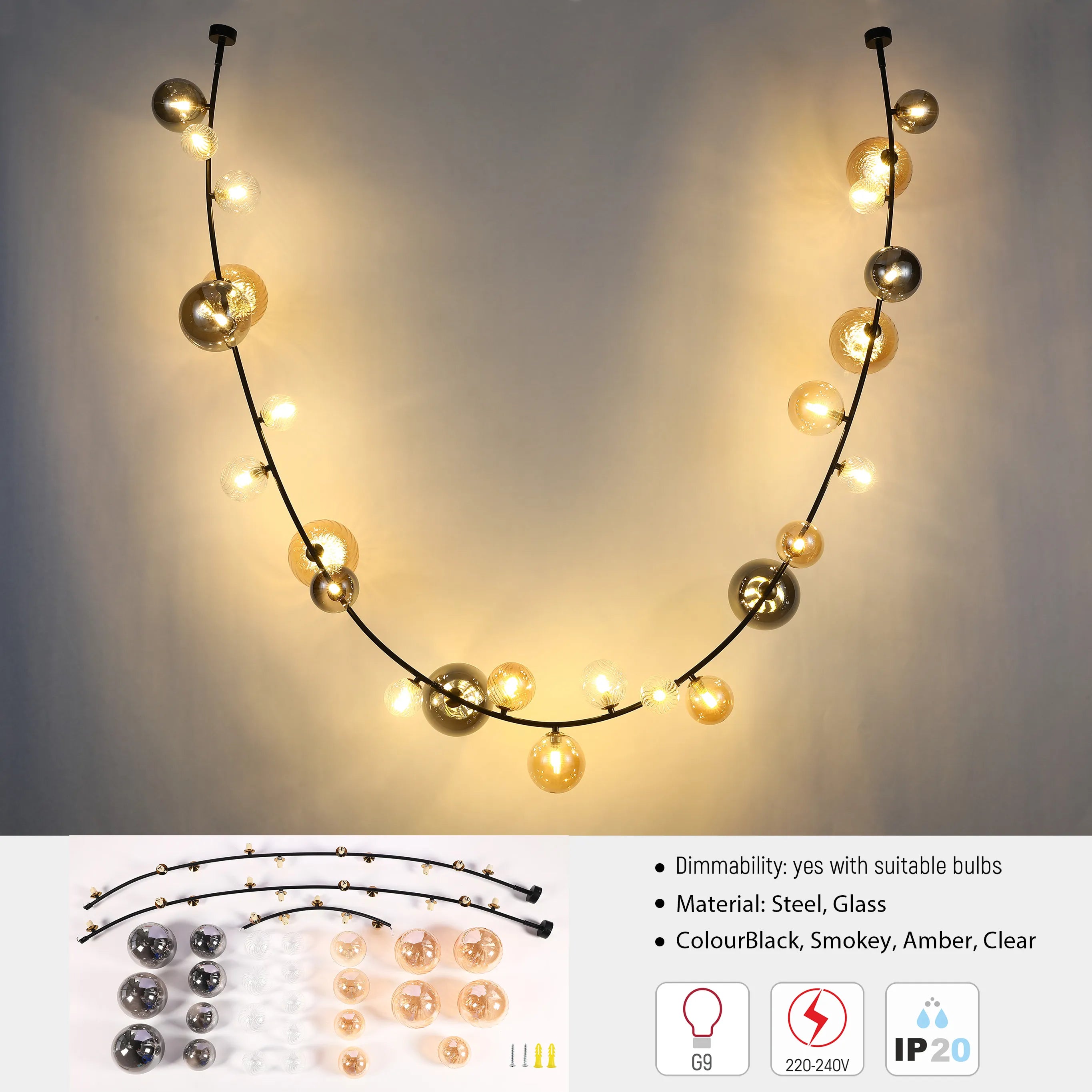 A stylish chandelier featuring a black steel frame adorned with smokey, amber, and clear glass bulbs. It's dimmable with the right bulbs.