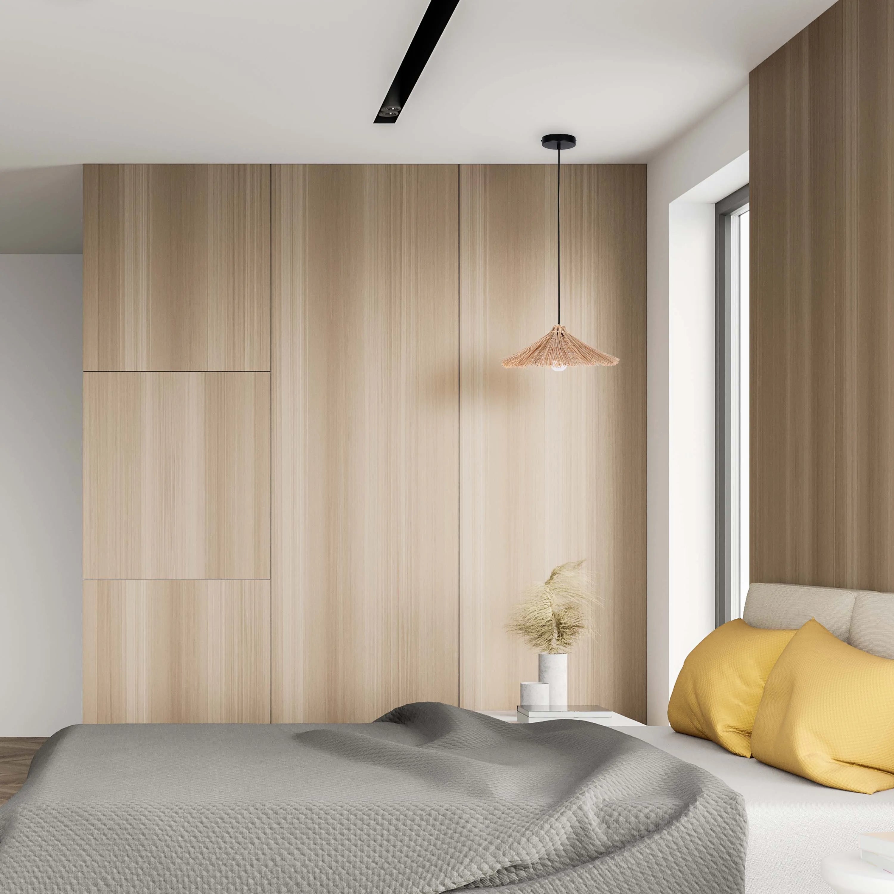 Bedroom lighting with a straw pendant light and subtle spotlighting, creating a warm and inviting atmosphere.