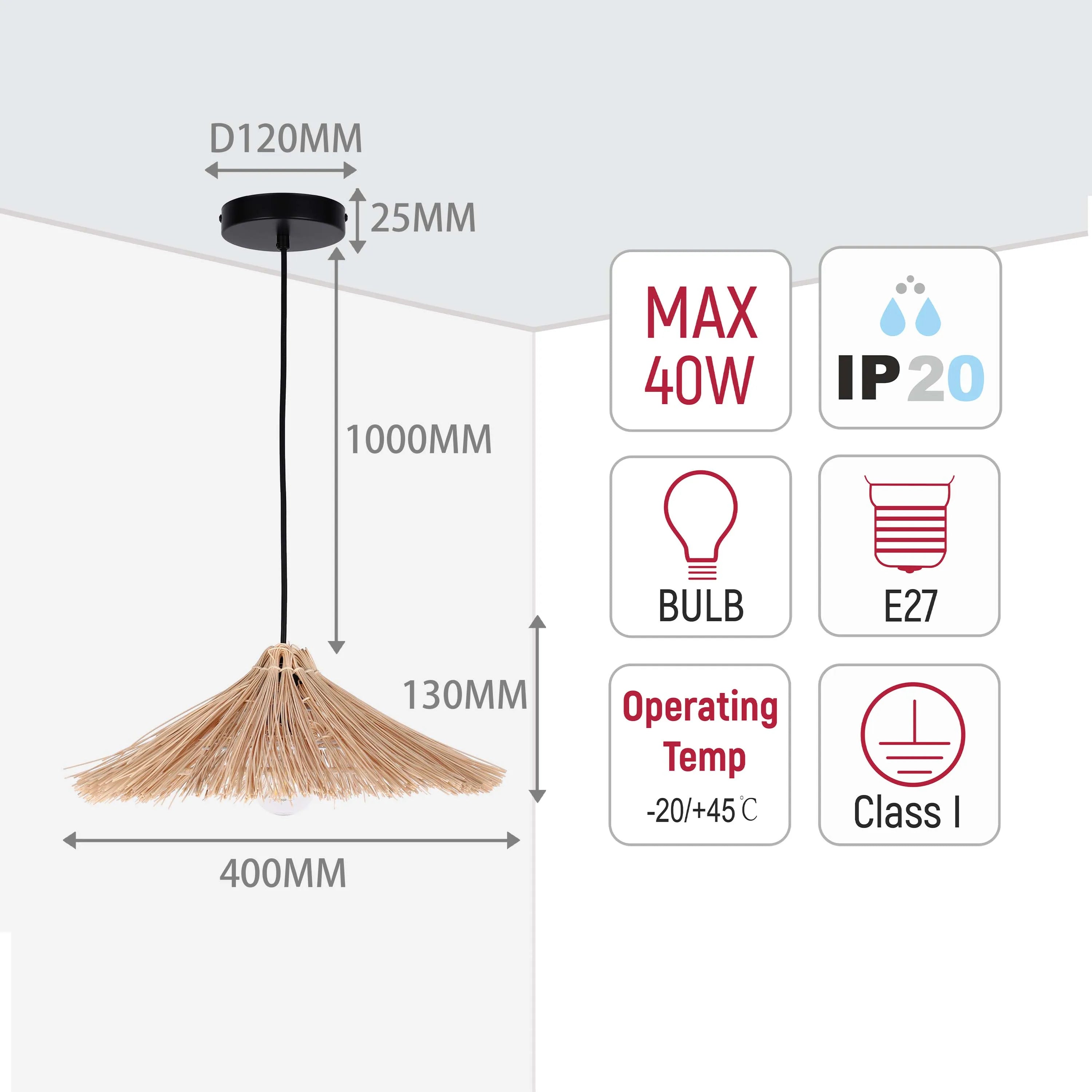 A raffia pendant light fitting, showcasing its dimensions, maximum wattage, IP rating, and temperature range.