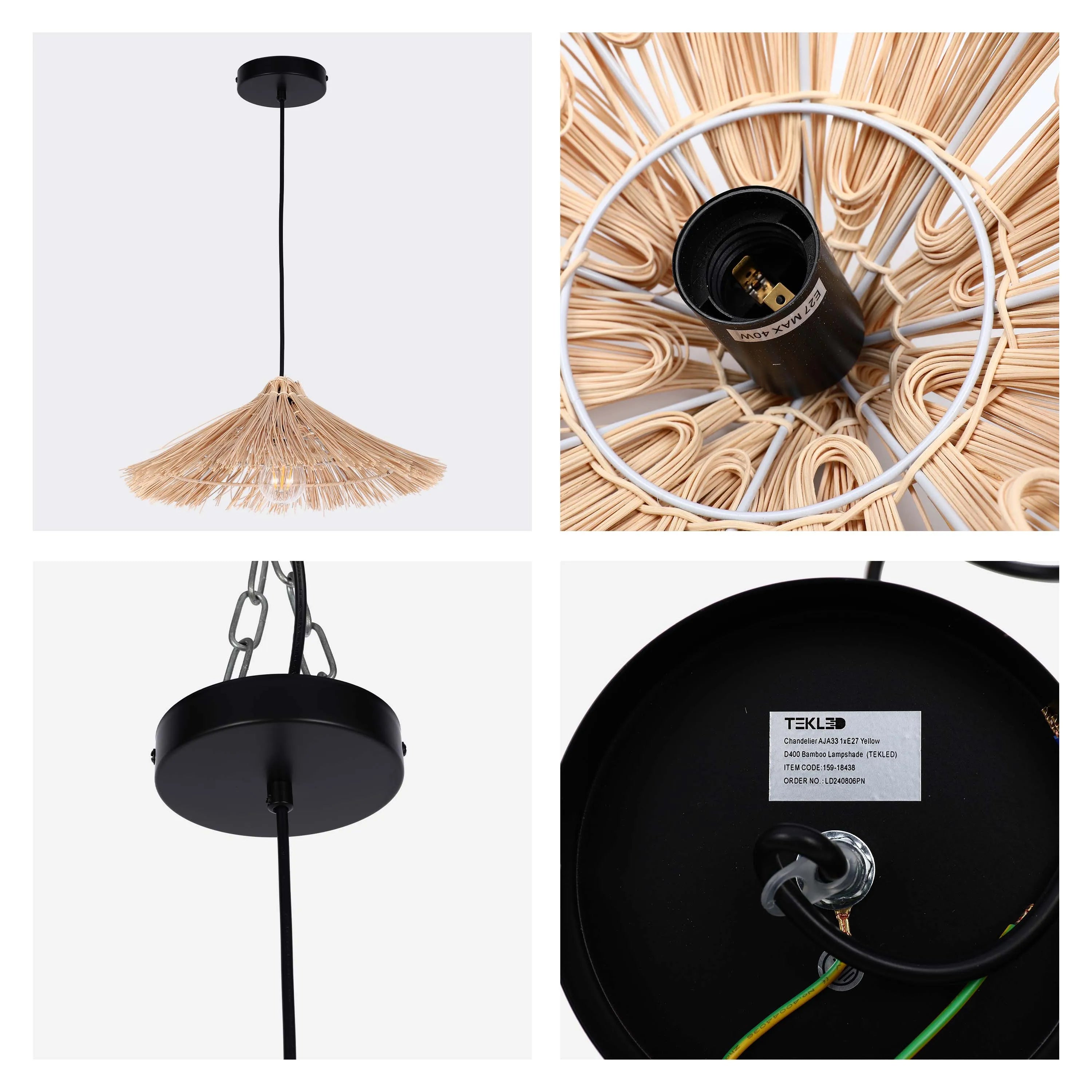 A bamboo pendant light with a black ceiling rose and cable. It has an E27 fitting and is suitable for a 40W bulb.