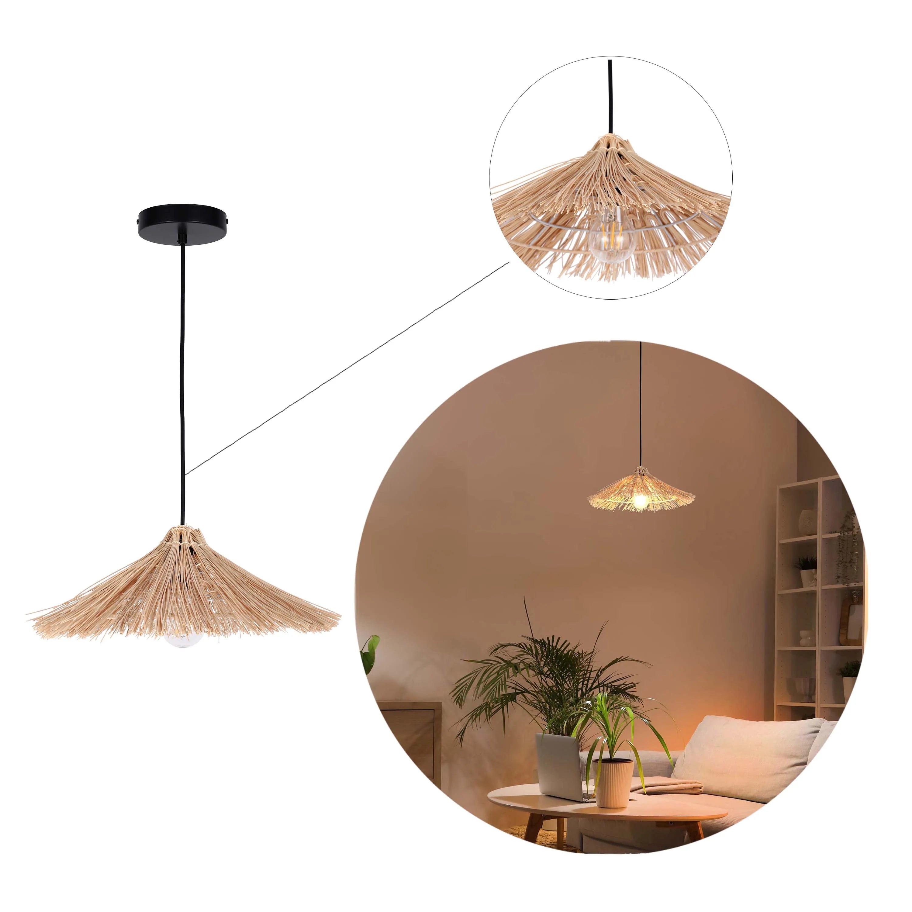 A straw lampshade suspended by a thin black cable, providing soft overhead light, in a cosy living room setting.