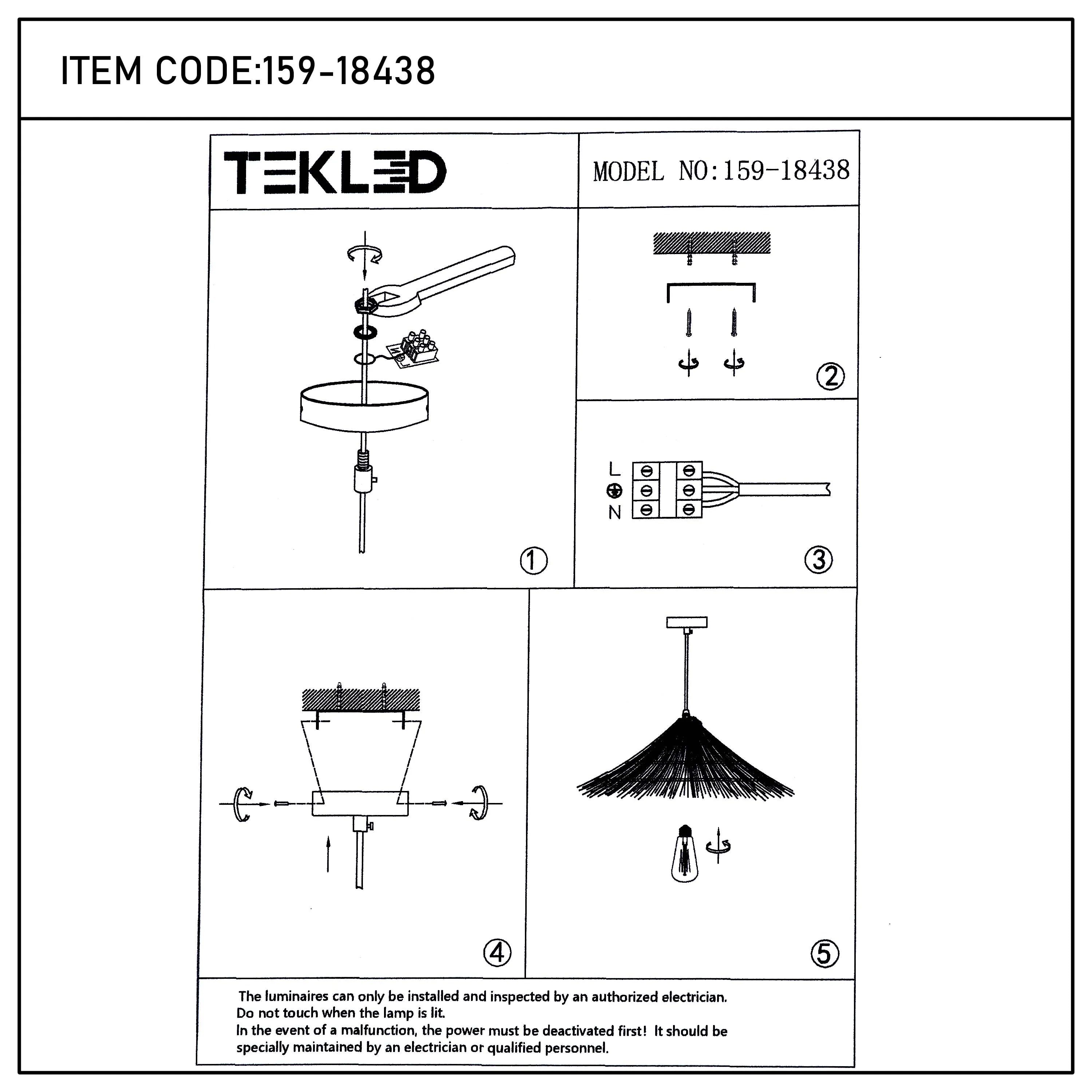 An exploded diagram showing how to install a ceiling light. Steps are numbered 1 through 5.