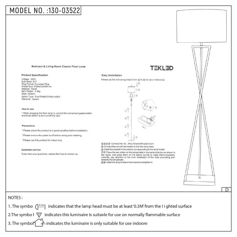 User manual for Nordic Art Deco Floor Lamp Black Nickel Flaxen | TEKLED 130-03522