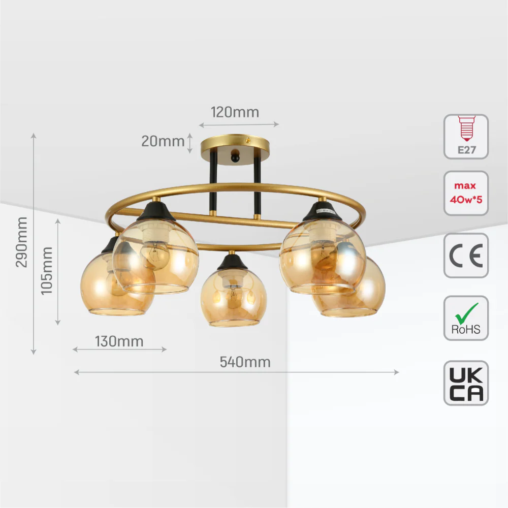 Size and tech specs of Orbit Harmony Black & Gold Ceiling Light | TEKLED 159-179988