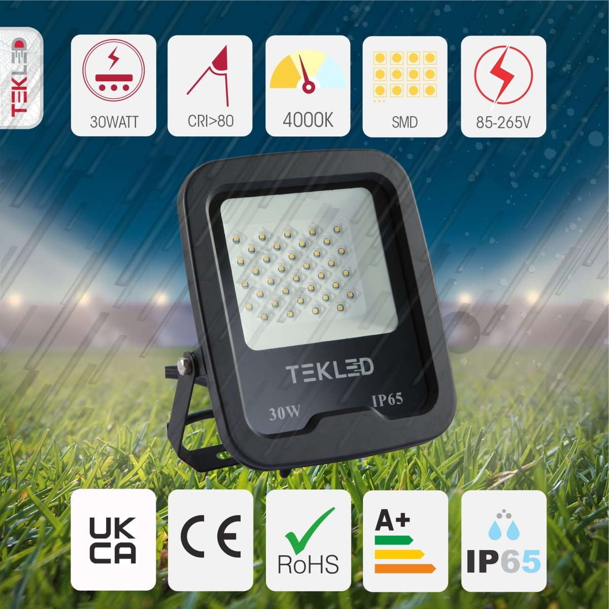 More exterior usage of LED Floodlight SMD 3030 Uk 30W Cool White 4000K IP65 | TEKLED 224-03278