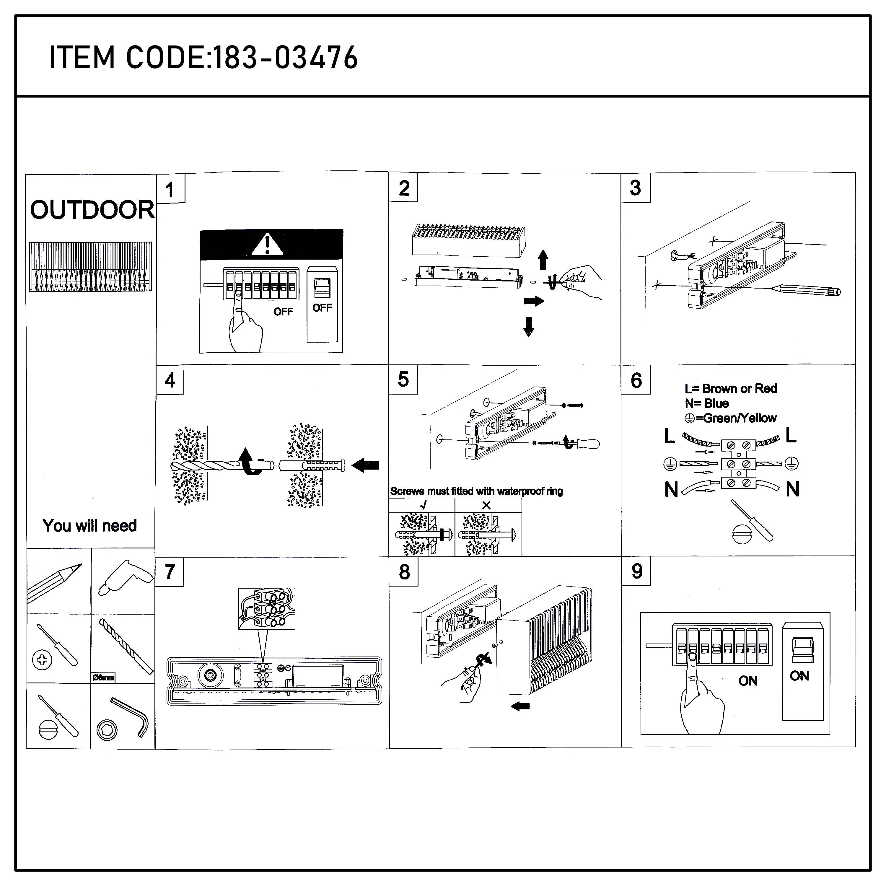 Outdoor lighting installation guide showing electrical connections and wall mounting, with labelled steps from 1 to 9.