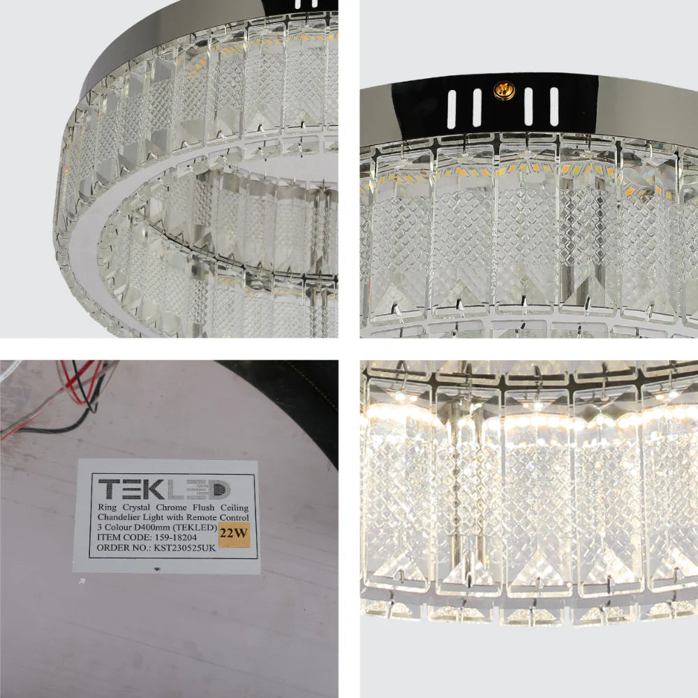 Ring Crystal Chrome Flush Ceiling Chandelier Light with Remote Control 3 Colour 13