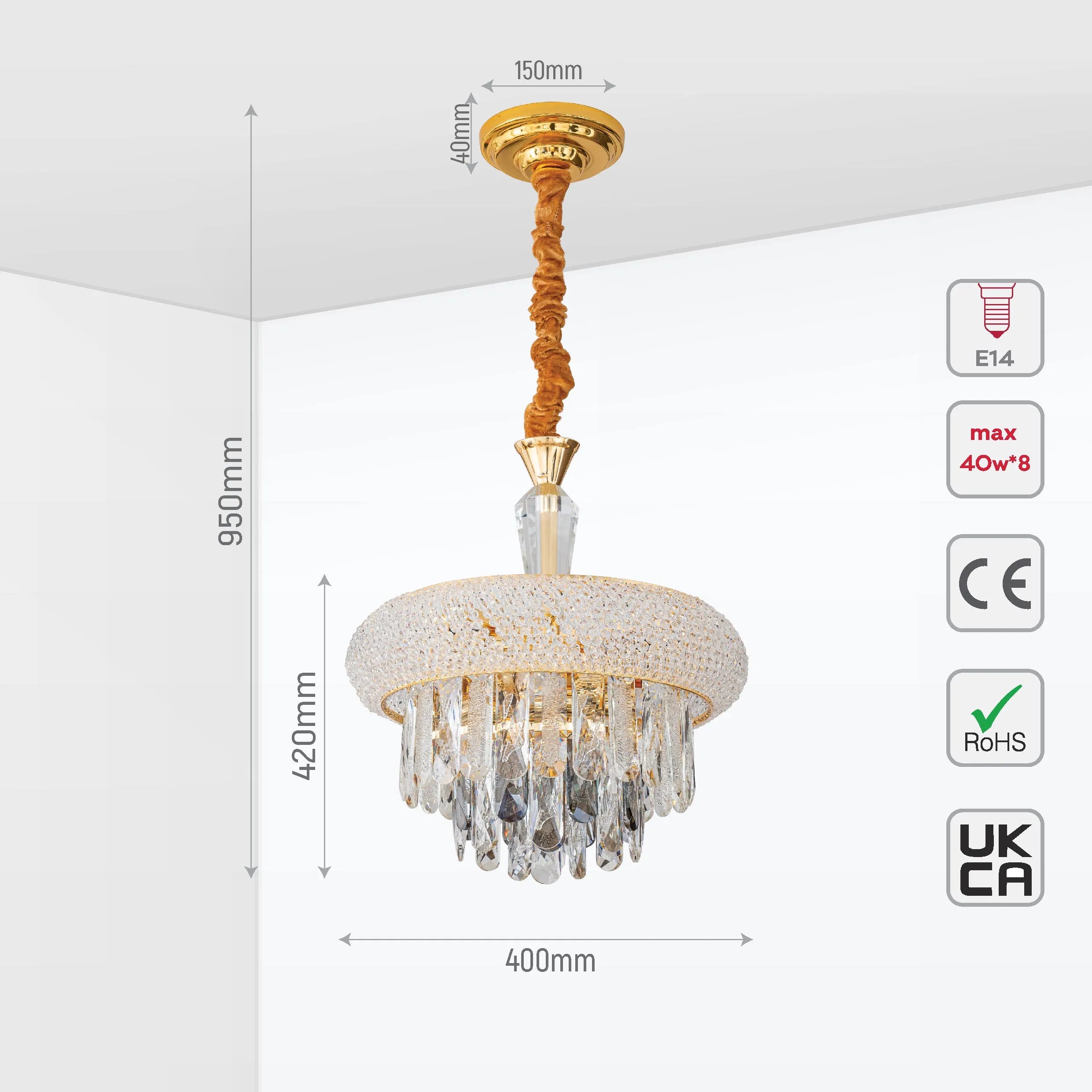 A gold chandelier featuring delicate crystal embellishments. Dimensions are shown.