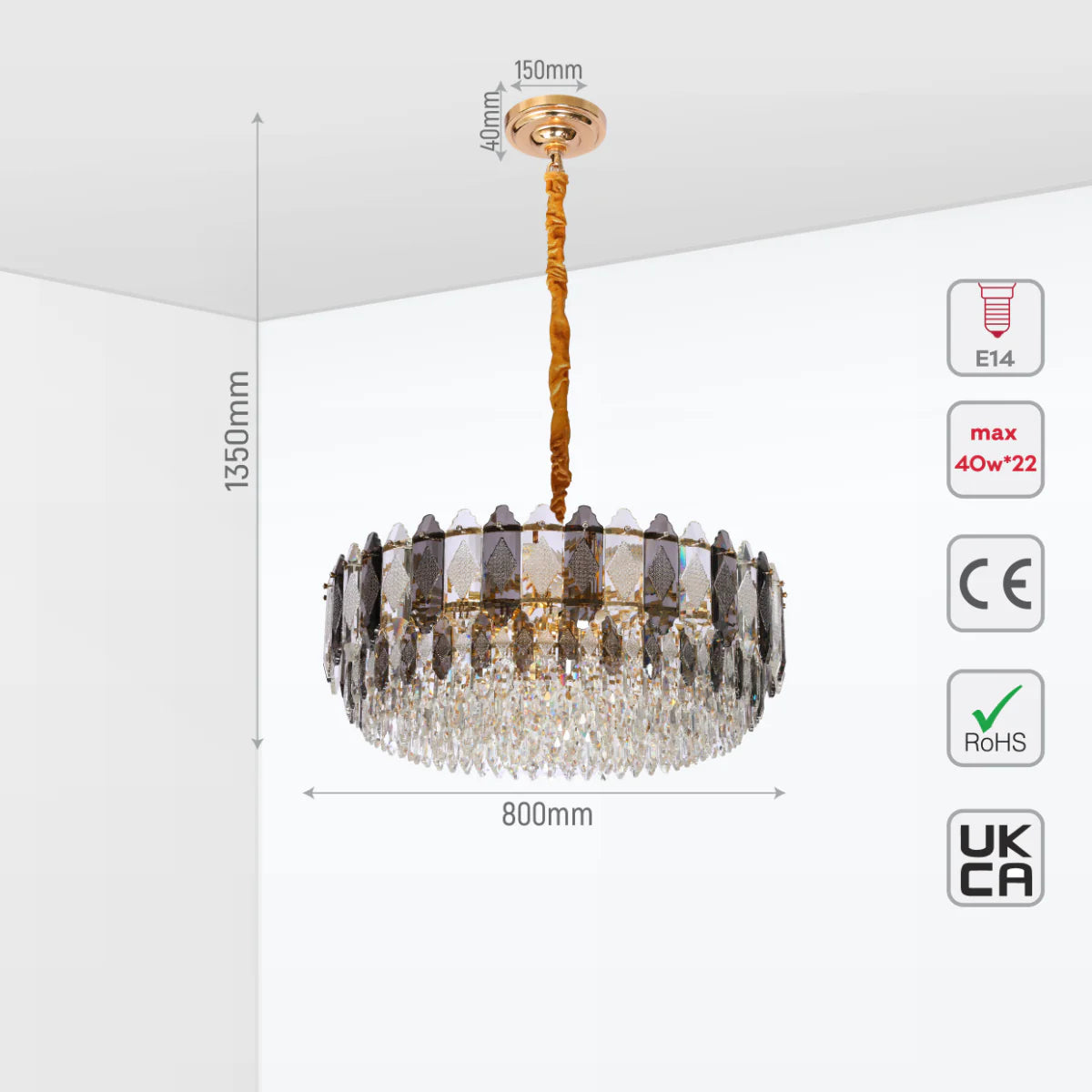 Size and certifications of Deluxe Smoky Clear Crystal Modern Chandelier Light Gold | TEKLED 159-18004