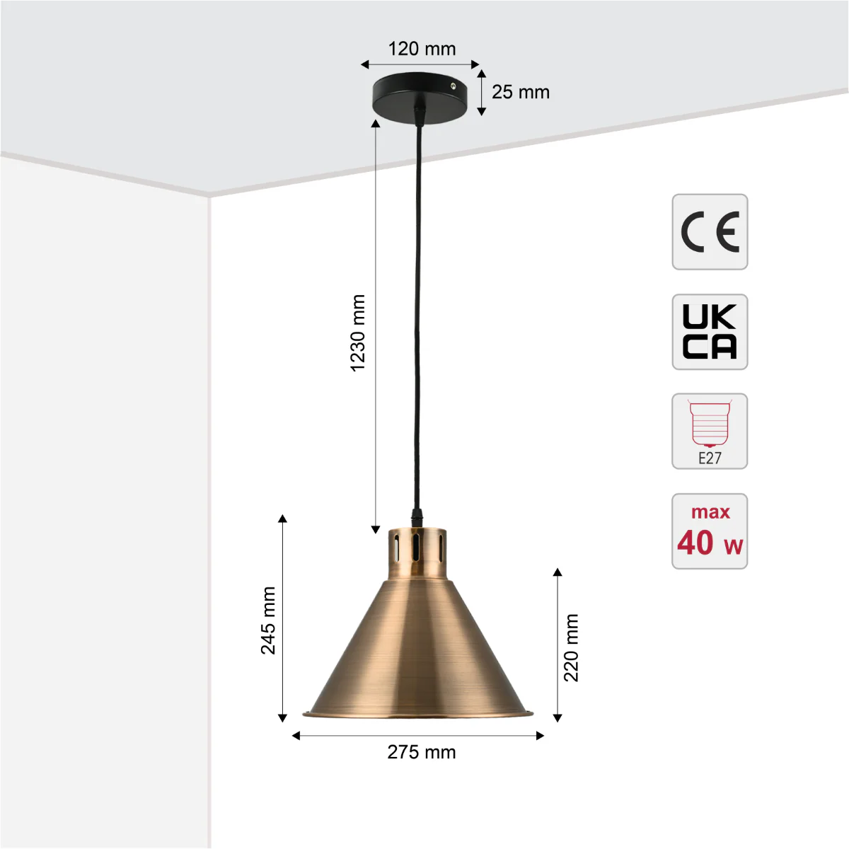 Size and certifications of Sleek Industrial Cone Pendant Light 150-18433