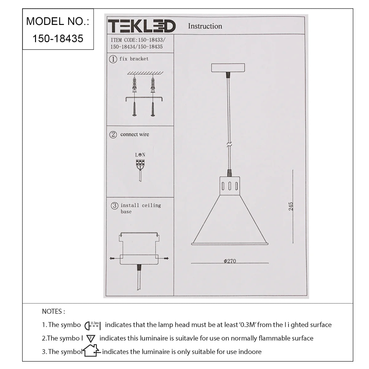 Technical specs of Sleek Industrial Cone Pendant Light 150-18435