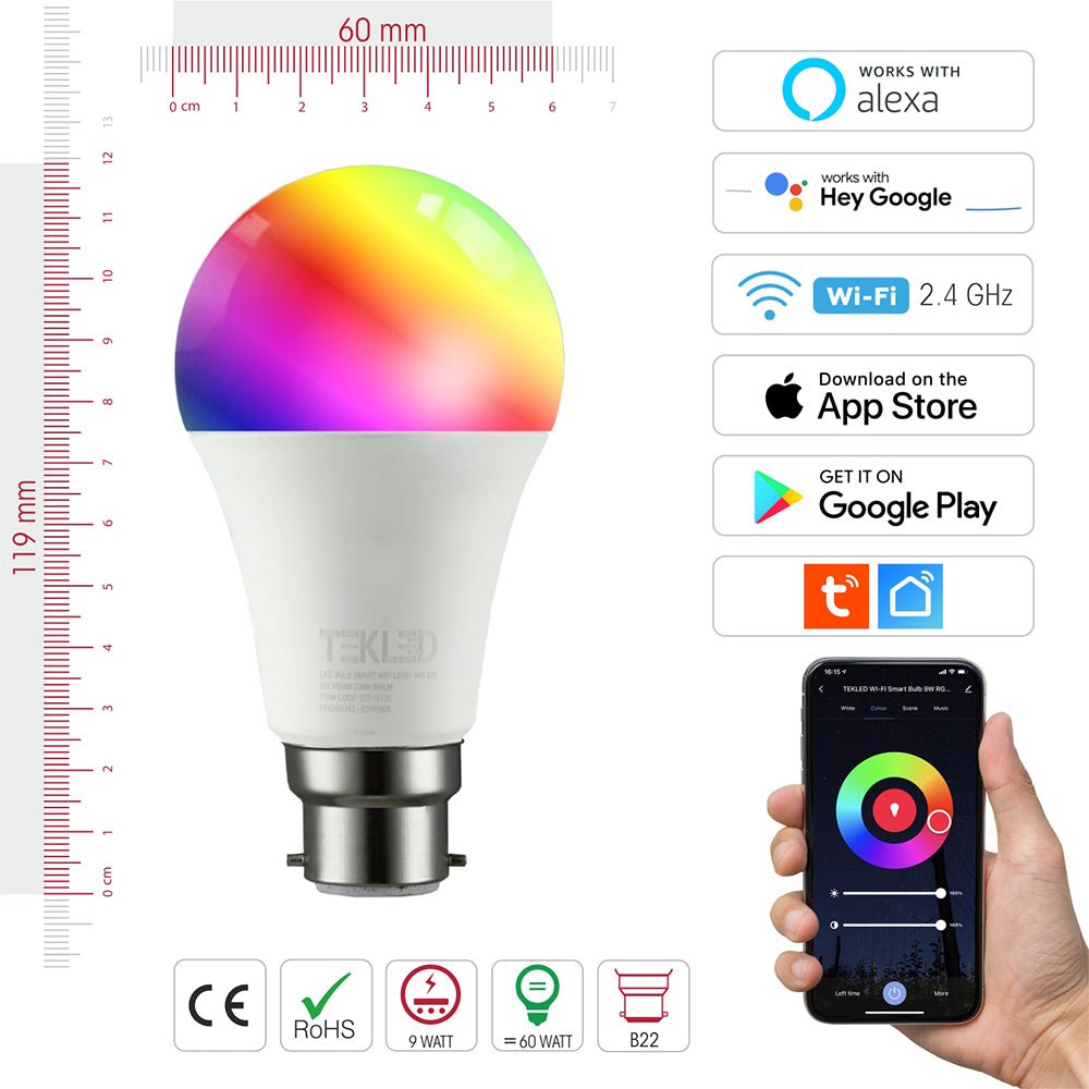 Graphical representation of dimensions of Smart LED GLS Bulb A60 B22 Bayonet Cap 9W RGB White Pack of 2 Alexa Wifi Smart Life App