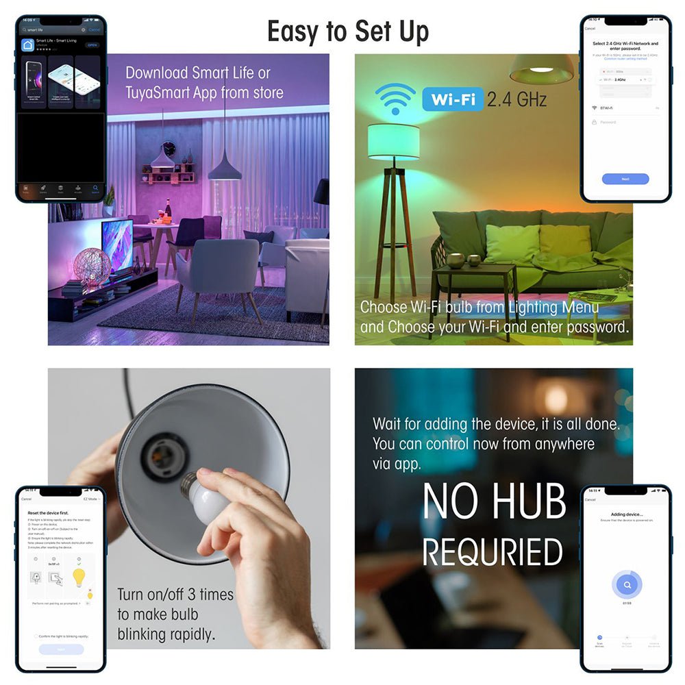 Illustration of easy installation of Smart LED GLS Bulb A60 B22 Bayonet Cap 9W RGB White Pack of 2 Alexa Wifi Smart Life App