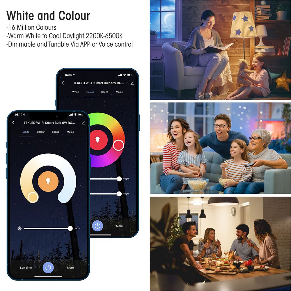 Different features in use in varying settings of Smart LED GLS Bulb A60 B22 Bayonet Cap 9W RGB White Pack of 2 Alexa Wifi Smart Life App