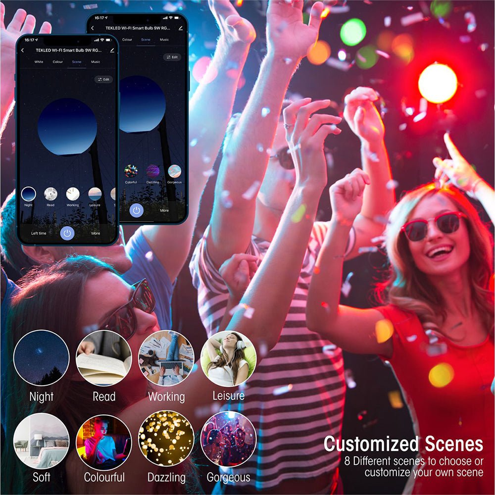 List of customised scenes to choose from on Smart LED GLS Bulb A60 B22 Bayonet Cap 9W RGB White Pack of 2 Alexa Wifi Smart Life App