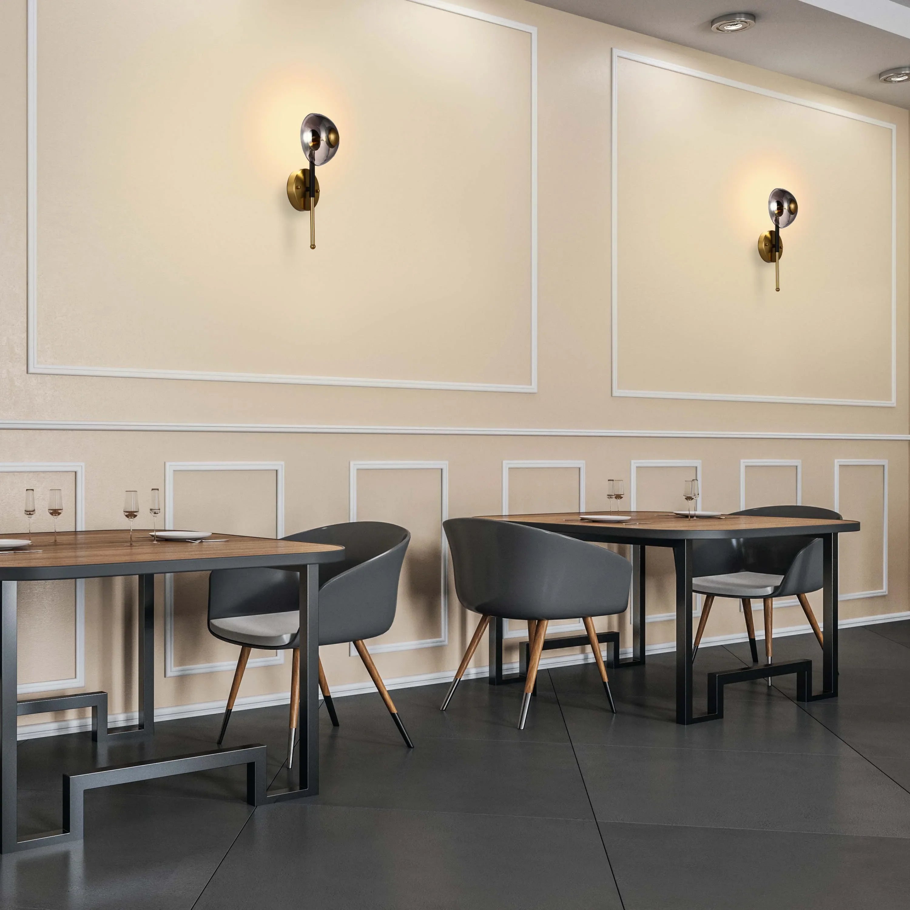 Elegant wall sconces cast a warm glow, adding a touch of sophistication to this modern dining space.