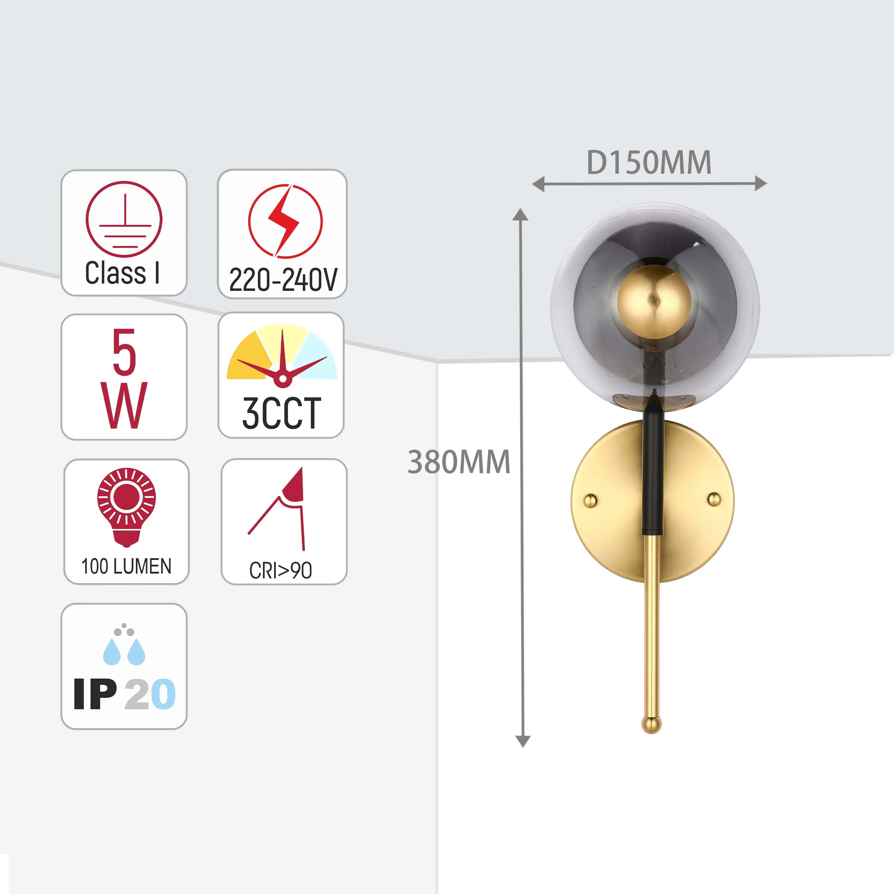 A sleek wall light with a spherical glass shade and brass detailing. Dimensions are displayed.
