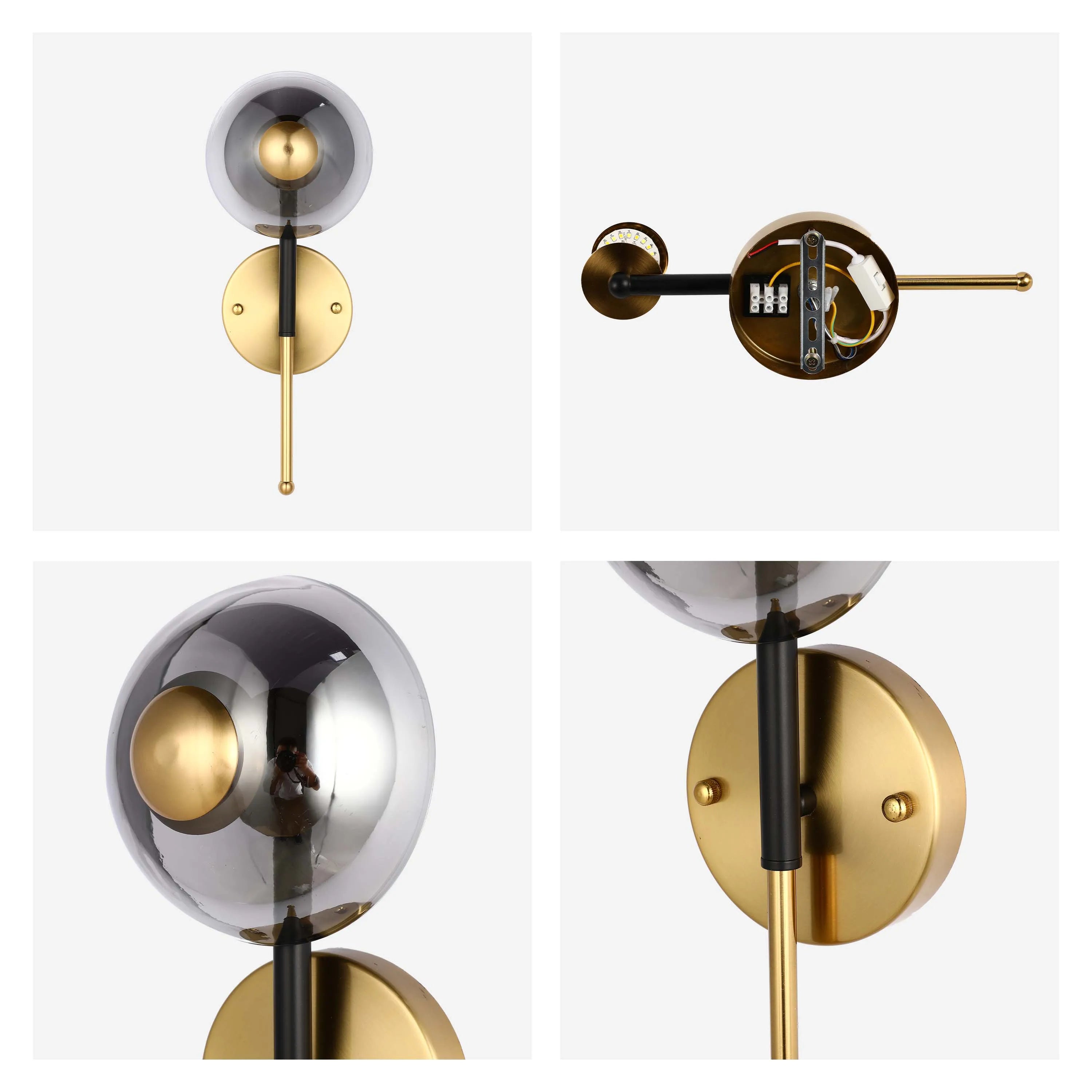 Modern wall light with smoked glass and gold details. Adds a touch of sophistication to any room.