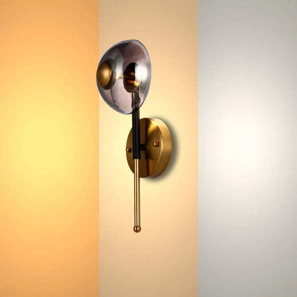 Stylish wall light with a smoked glass globe and golden accents, showcasing warm to cool colour temperature options.