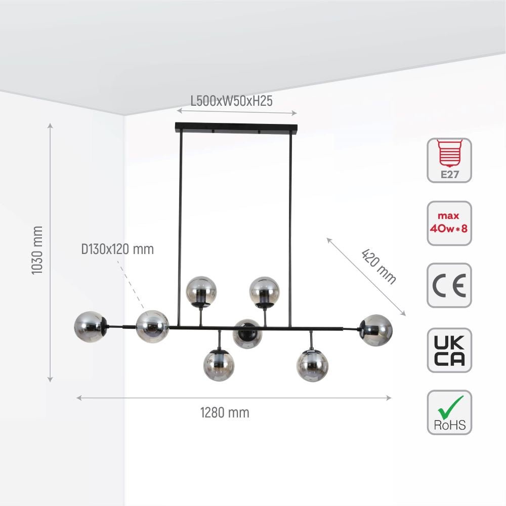 measurements of smoke grey globe and black metal body 8 globes kitchen island ceiling light