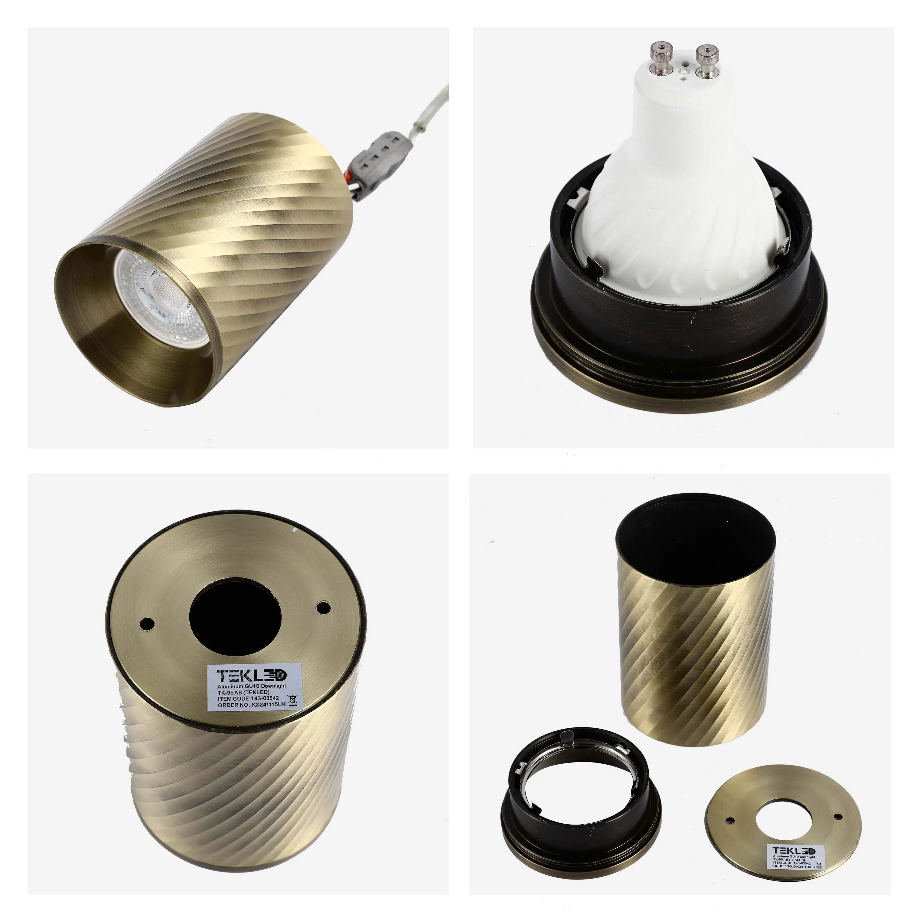 A modern gold-bronze cylindrical spotlight showcasing the GU10 downlight. Multiple views display its design and components.