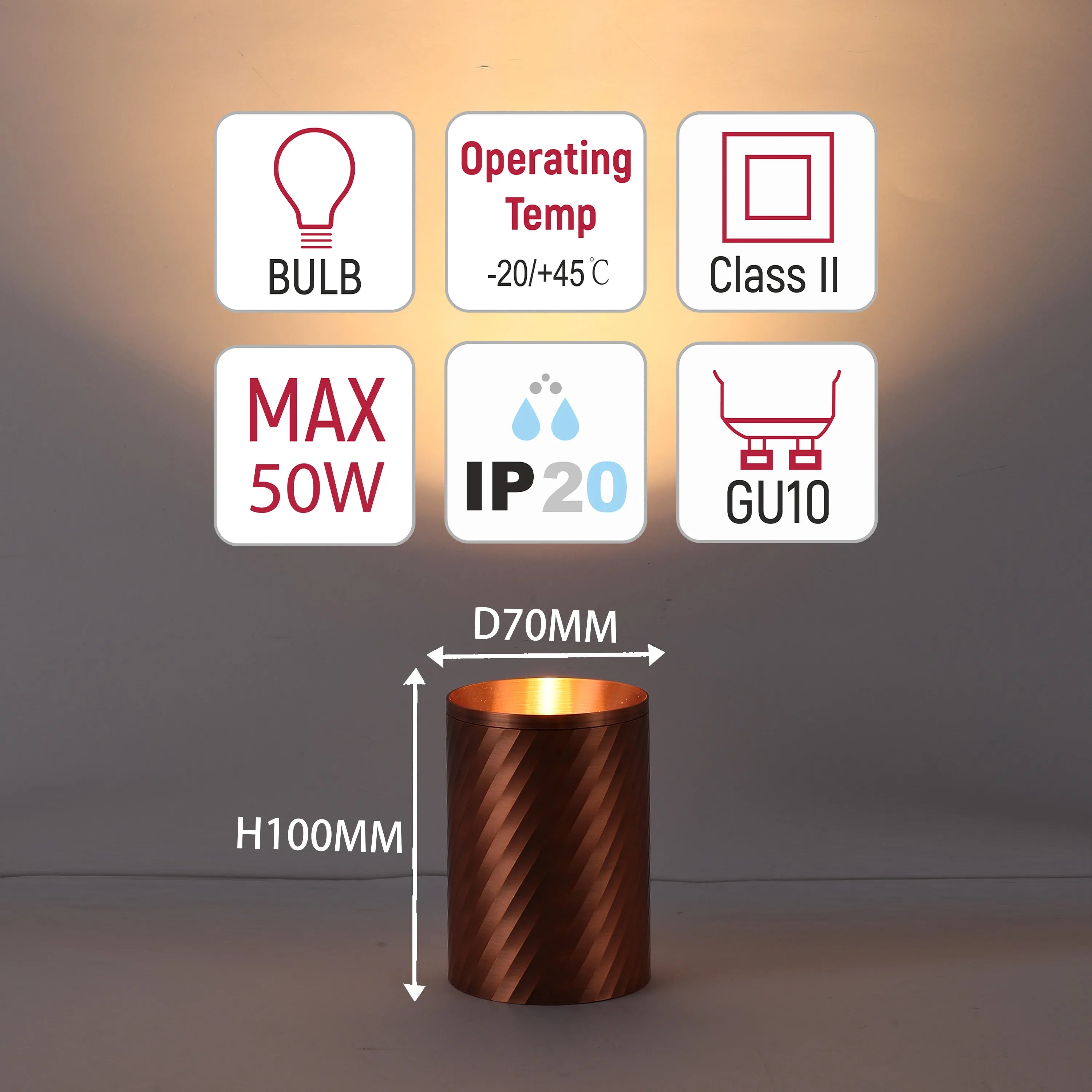 A decorative lamp with technical specifications displayed above: max 50W bulb, IP20 rating, Class II, GU10 fitting, and operating temp of -20/+45°C.