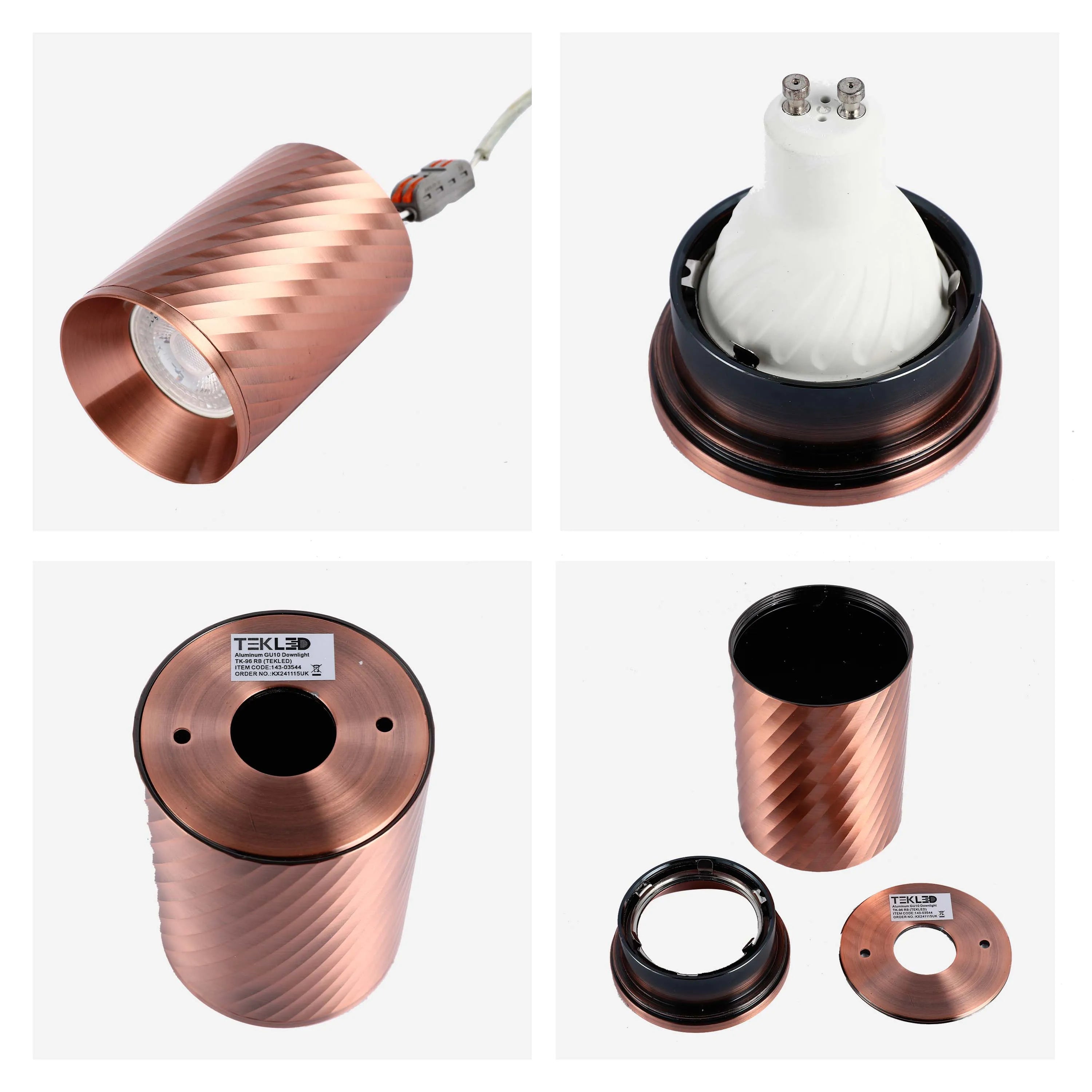 Deconstructed copper GU10 downlight with a twisted effect. Showing all parts of the light fitting.