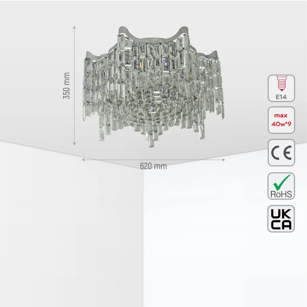Size and tech specs of Star Crystal Flush Chandelier Ceiling Light | TEKLED 159-18063