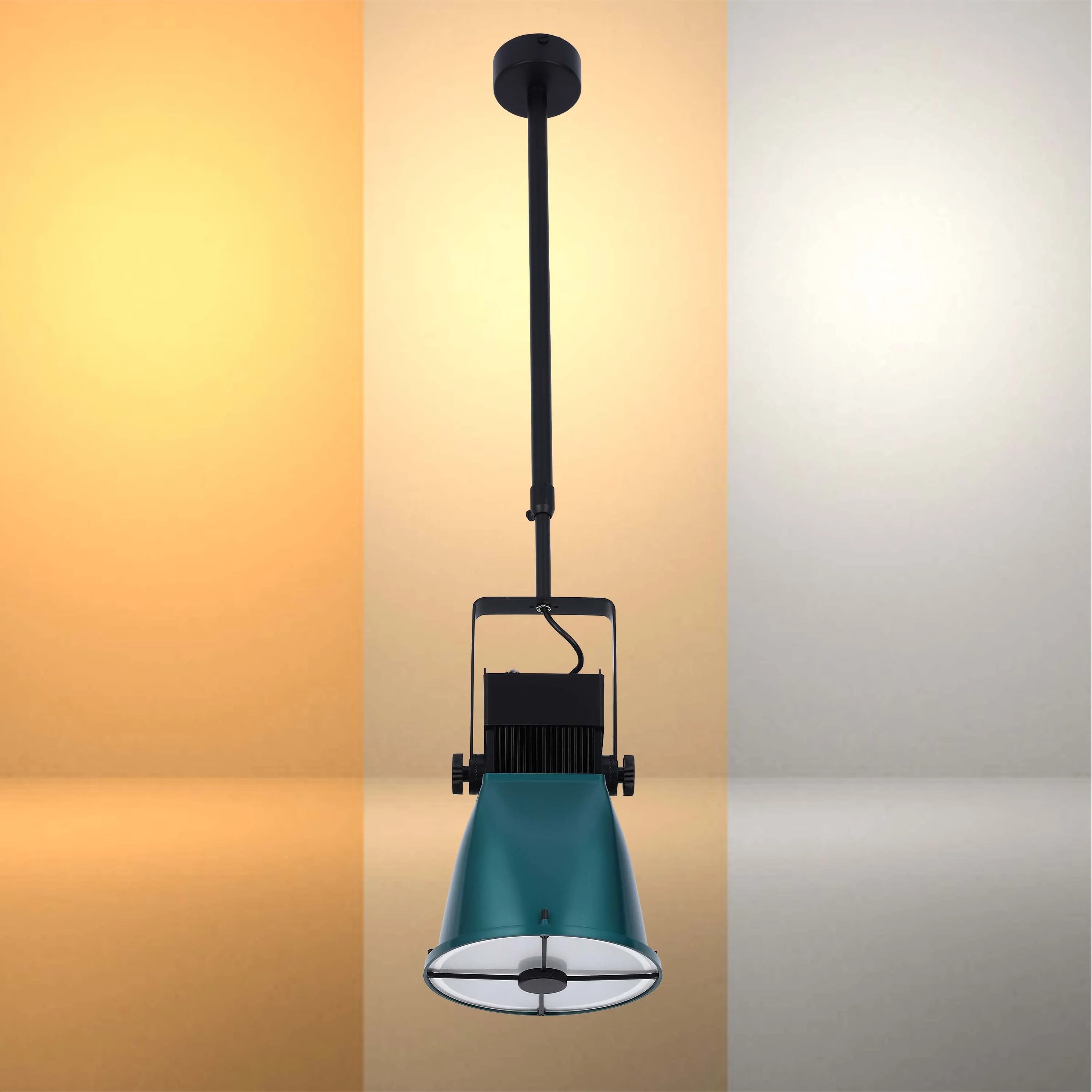 Teal & black industrial-style pendant light fixture. Striking modern piece with adjustable height and a bold pop of colour.