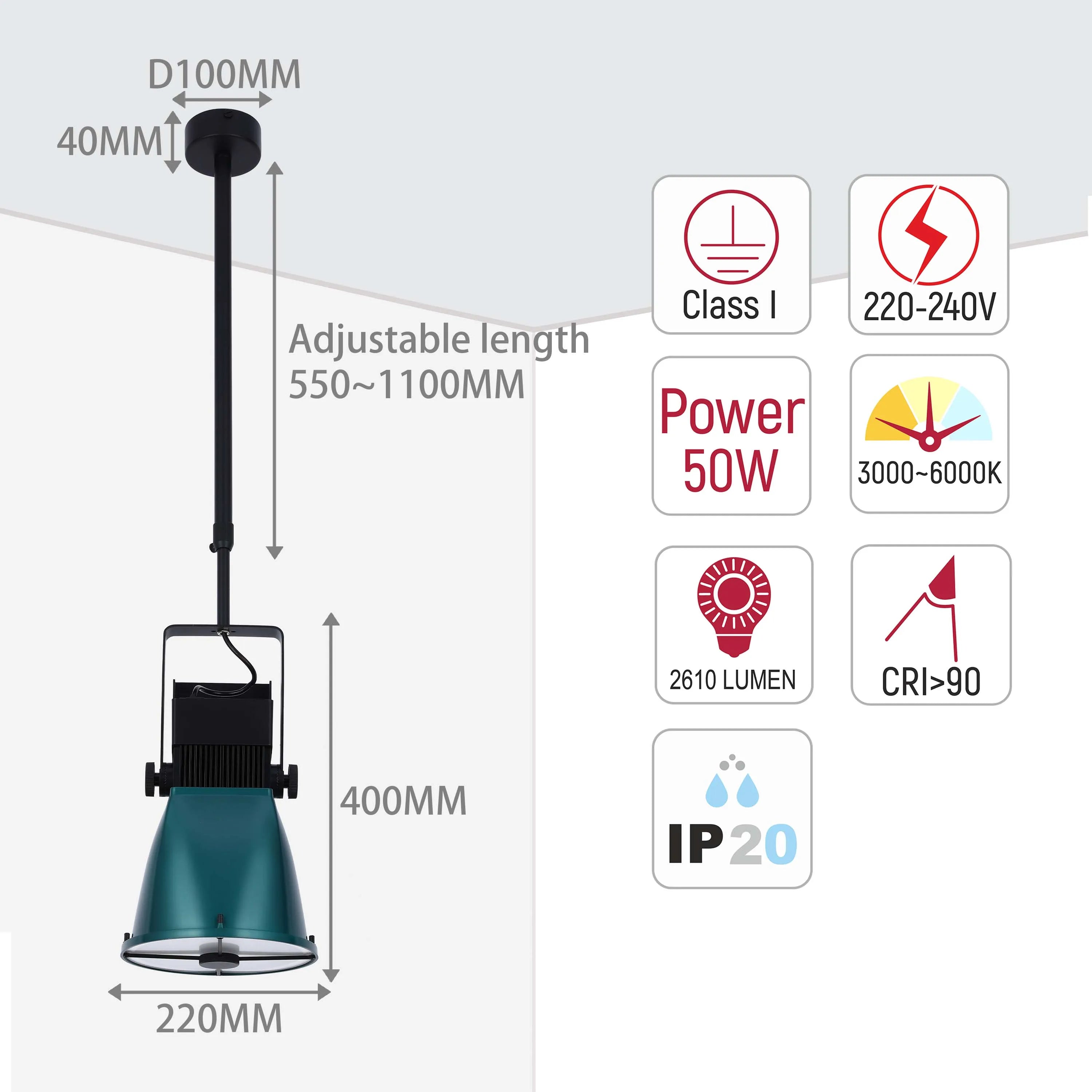 Pendant light dimensions and specifications including adjustable drop and 50W power.